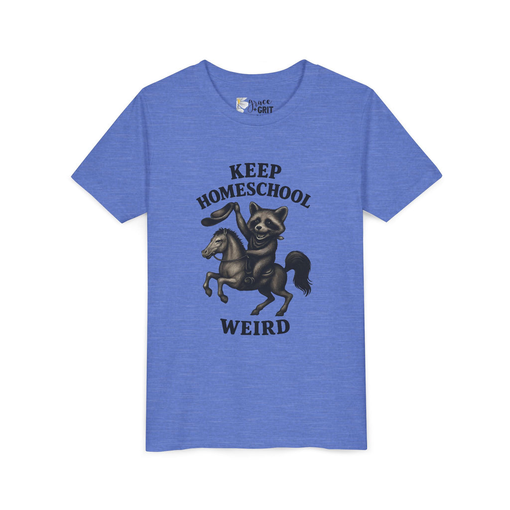 Keep Homeschool Weird Youth Tee | Raccoon Riding Horse Illustration