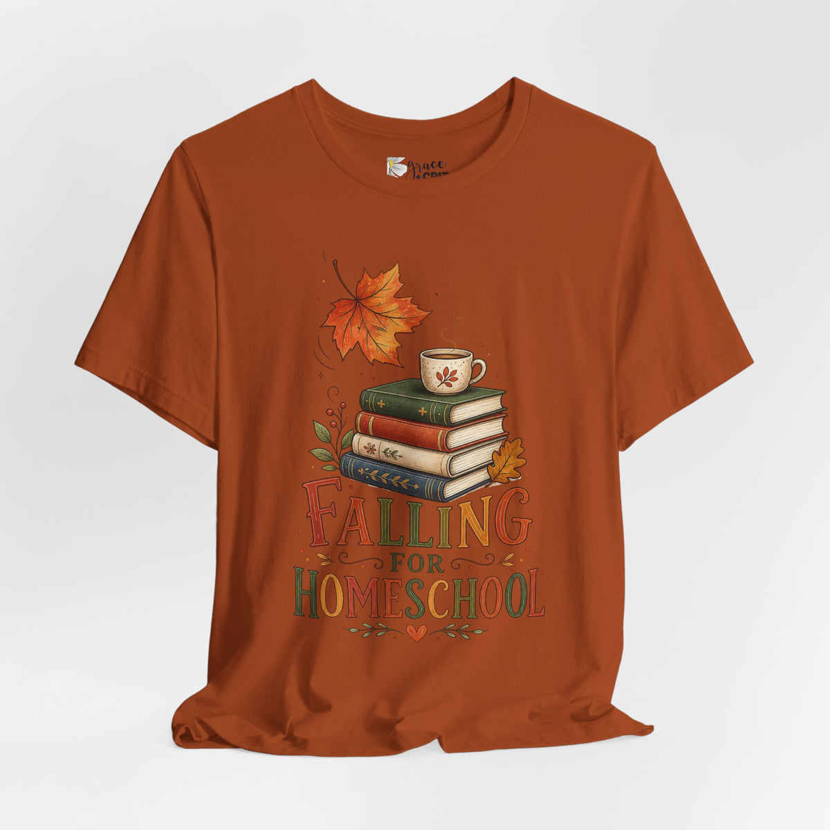 Fall Homeschool T‑Shirt – “Falling into Homeschool” Autumn Books & Coffee Tee