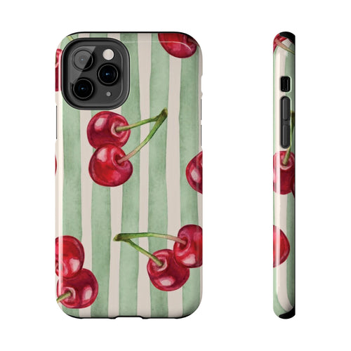 Cherry Stripe Tough Phone Case — Retro Watercolor Cherry Pattern Durable Phone Case