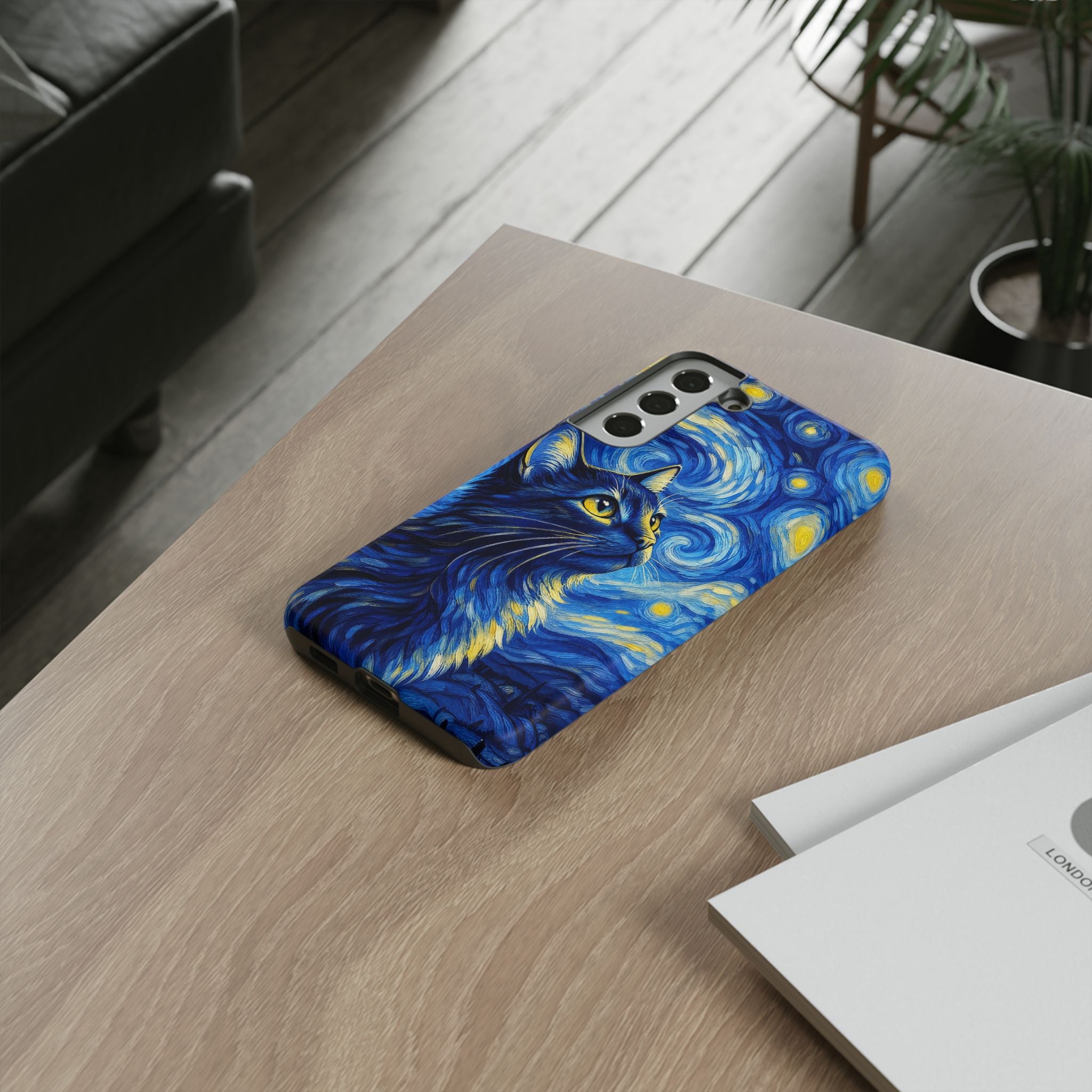 Starry Night Cat Phone Case — Van GoghStyle Blue Galaxy iPhone Cover