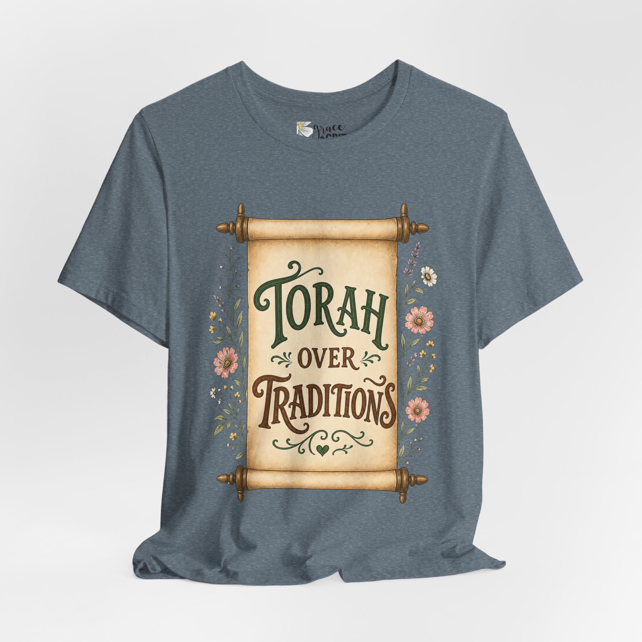 Torah Over Traditions T-Shirt — Vintage Scroll Floral Jewish Pride Tee