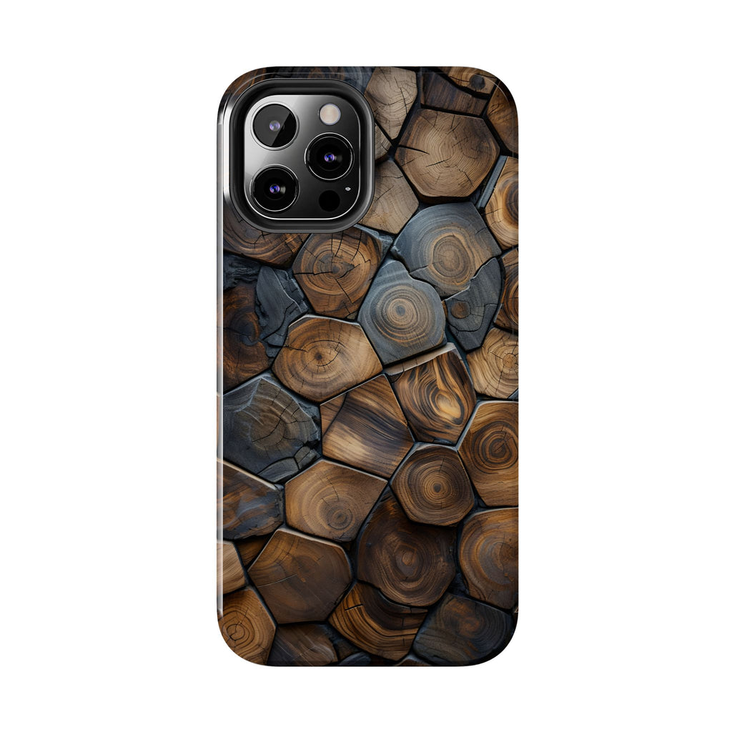 Woodgrain Hex Pattern Tough Phone Case — Rustic Log Cross-Section Design
