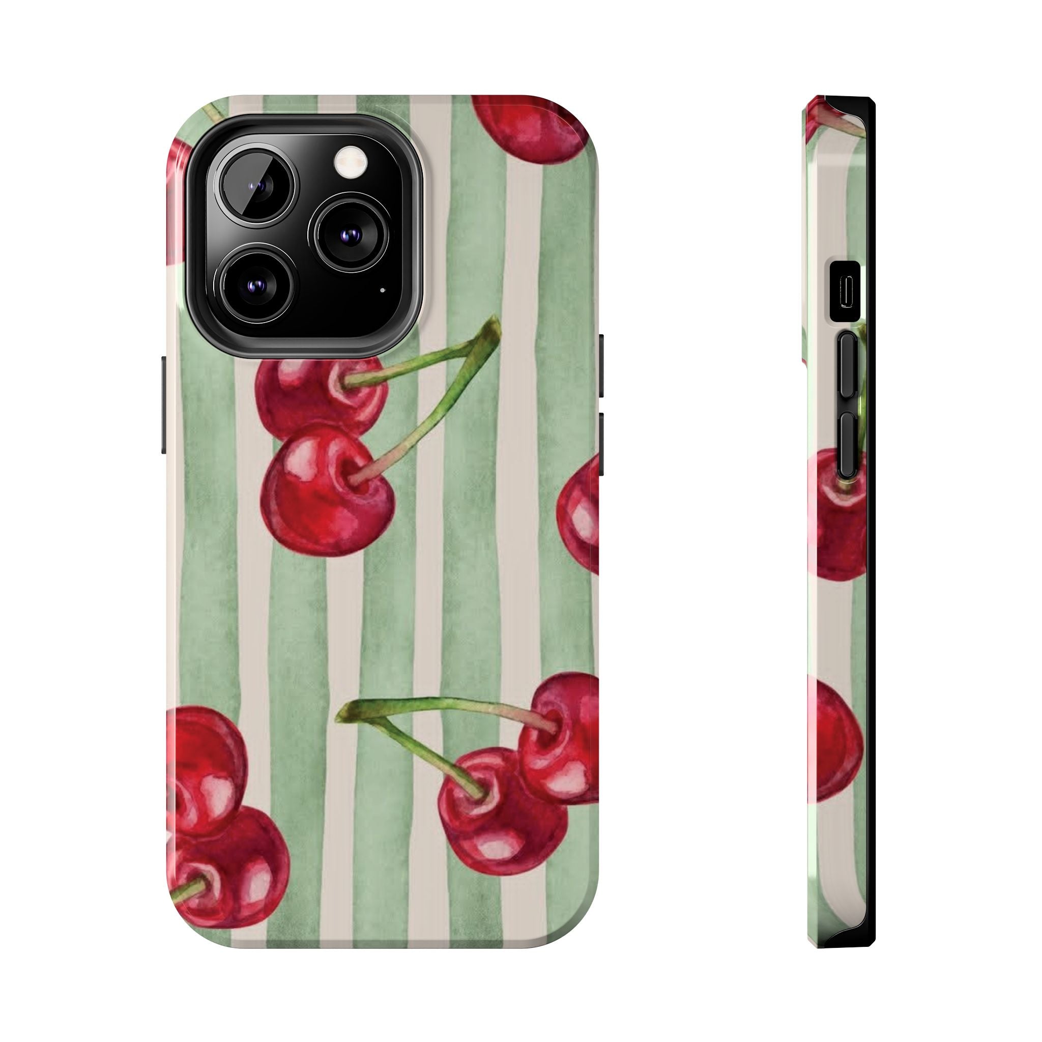 Cherry Stripe Tough Phone Case — Retro Watercolor Cherry Pattern Durable Phone Case