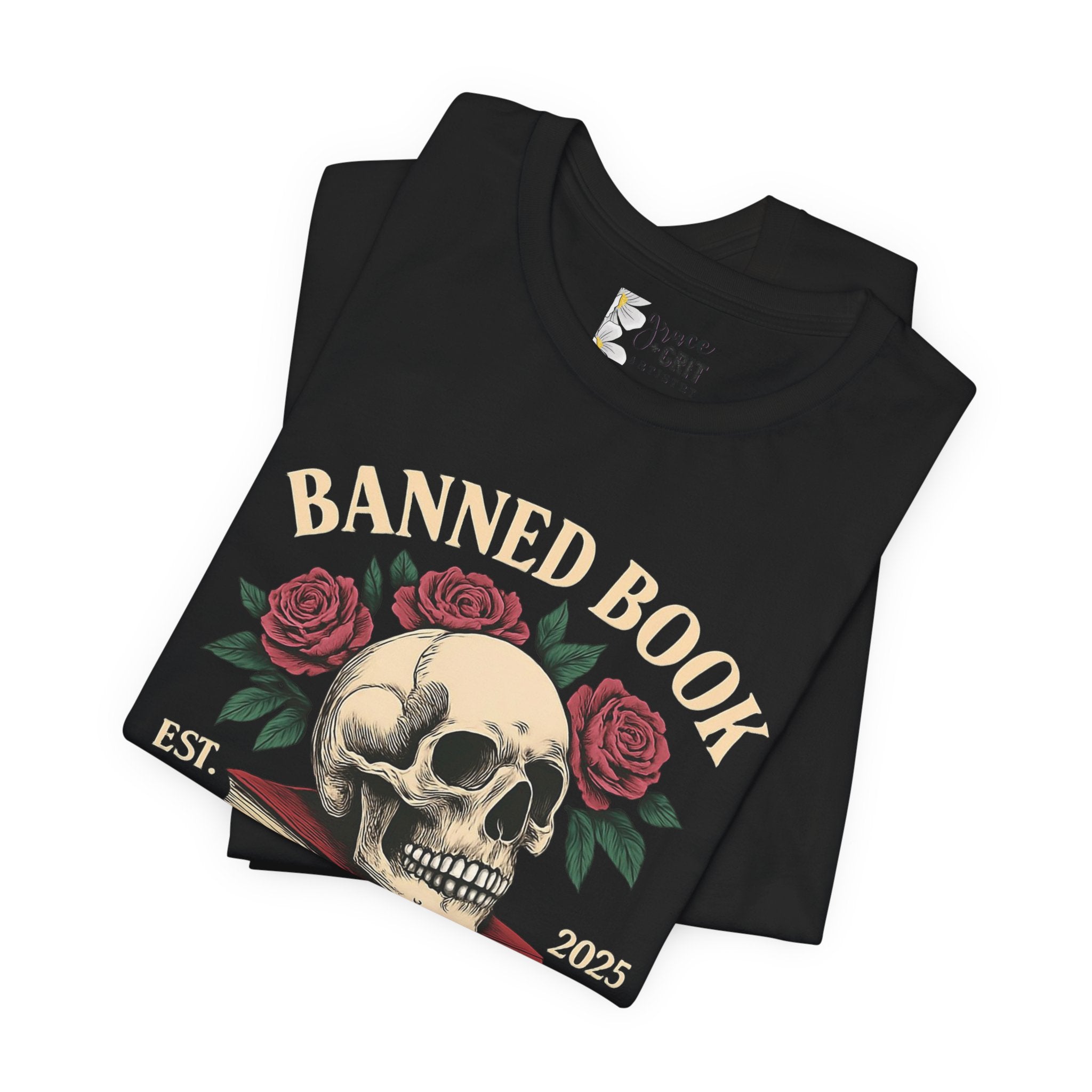 Banned Book Skull with Roses T-Shirt | Education Stack Tee