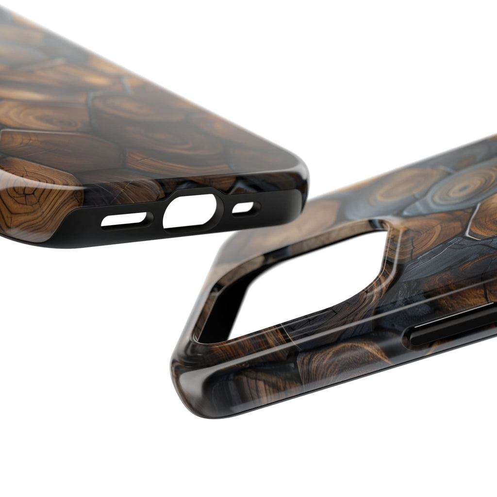Woodgrain Hex Pattern Tough Phone Case — Rustic Log Cross-Section Design