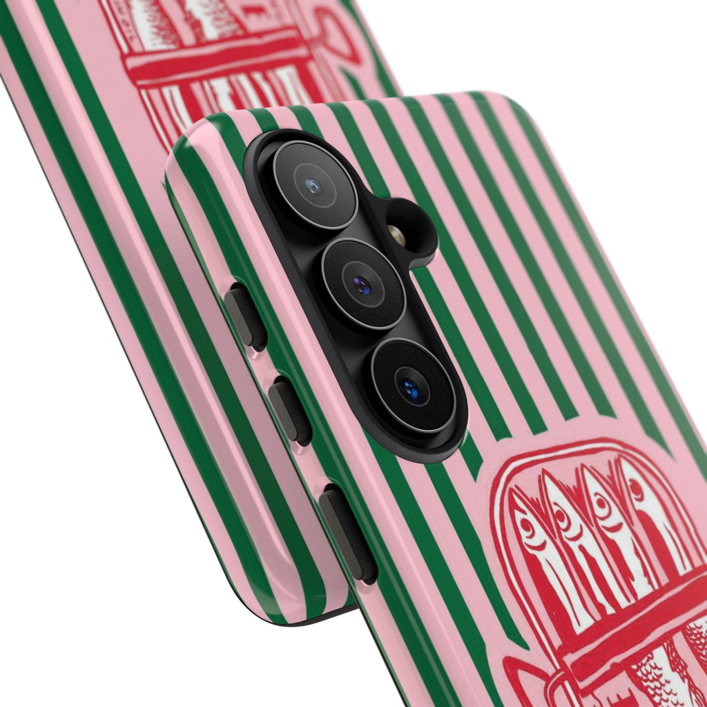 Sardine Stripe Phone Case — Retro Pink & Green Nautical Protection