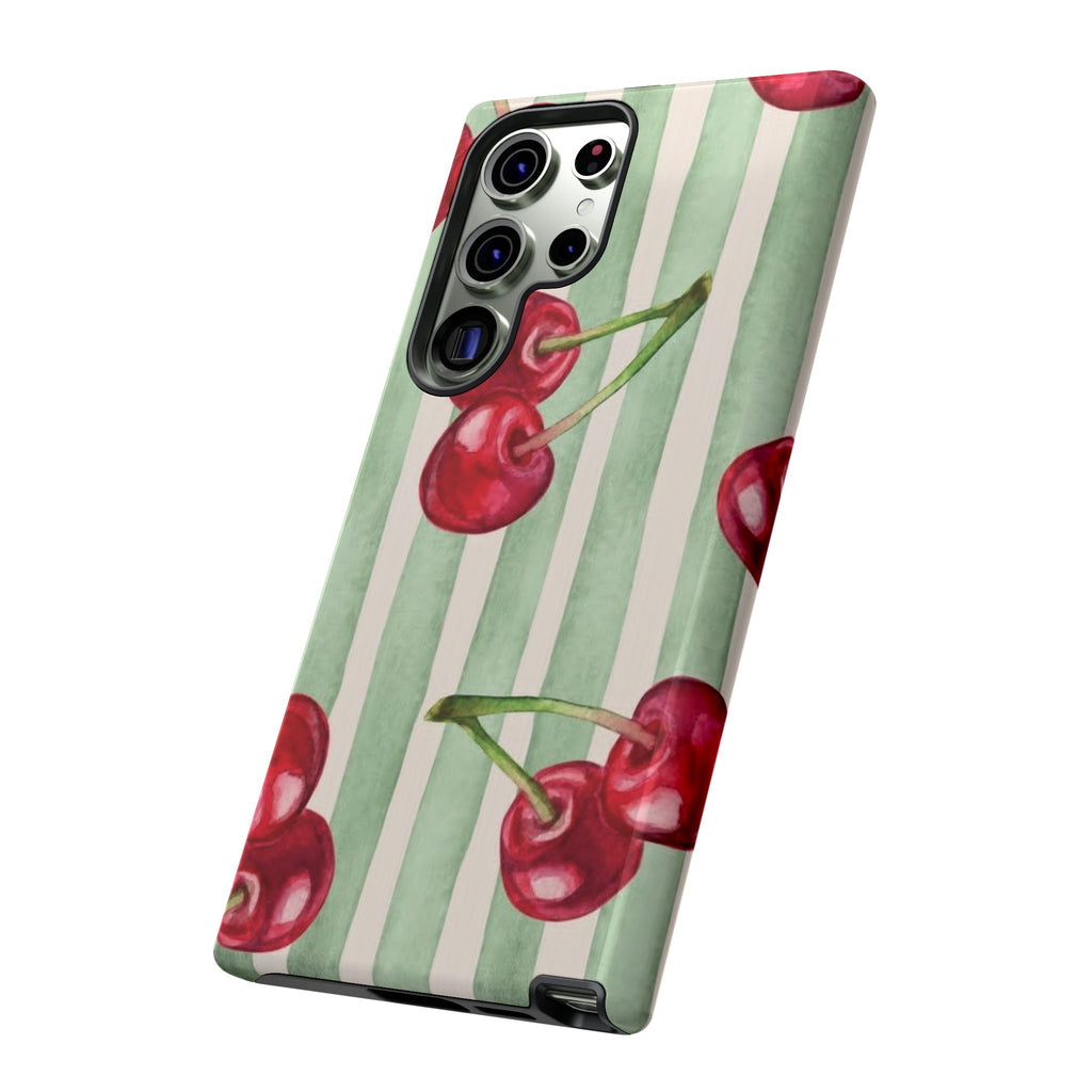 Cherry Stripe Phone Case – Retro Watercolor Cherries on Mint Stripes