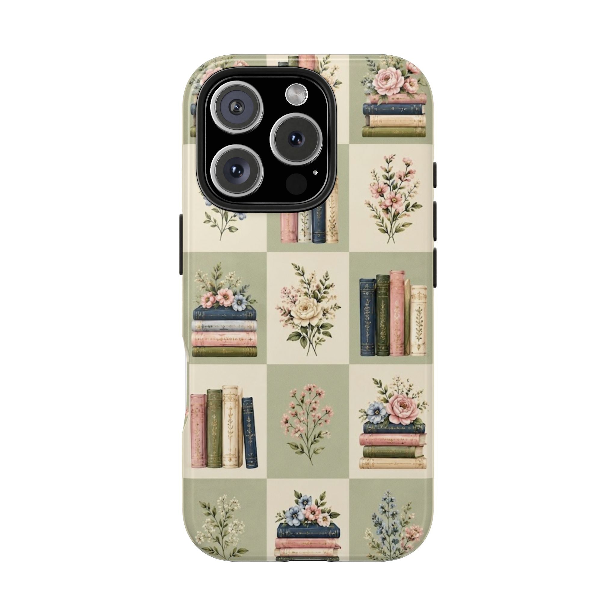 Floral Bookshelf Tough Phone Case — Vintage Floral & Stacked Books Pattern