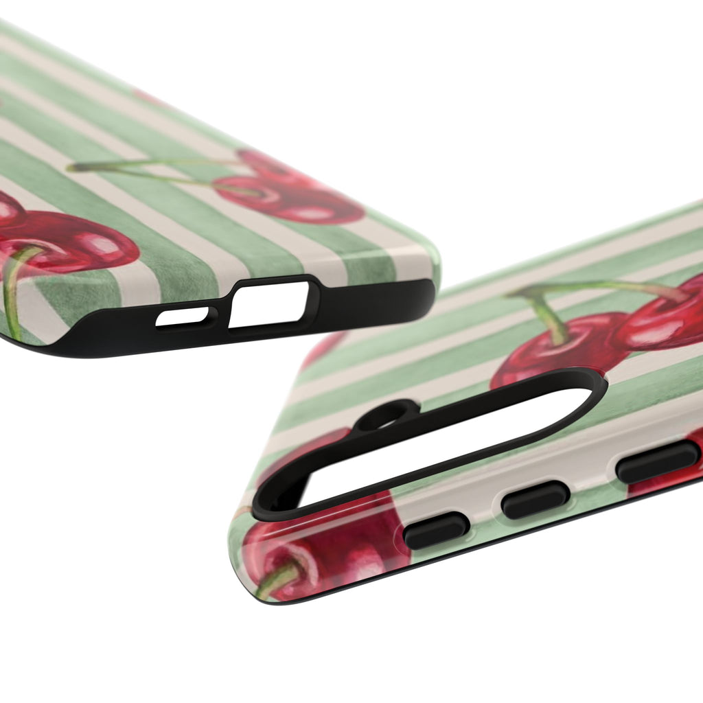 Cherry Stripe Phone Case – Retro Watercolor Cherries on Mint Stripes