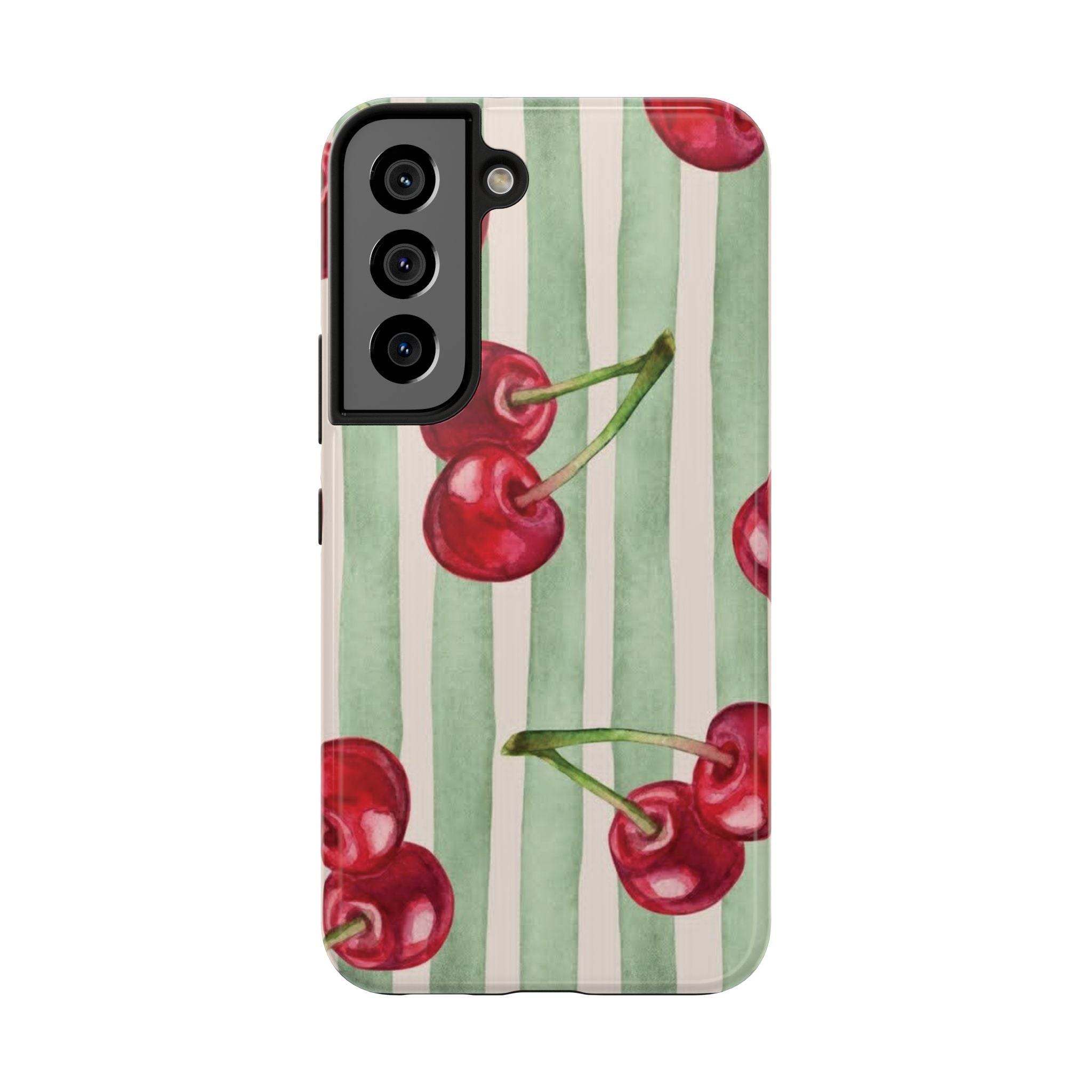 Cherry Stripe Tough Phone Case — Retro Watercolor Cherry Pattern Durable Phone Case