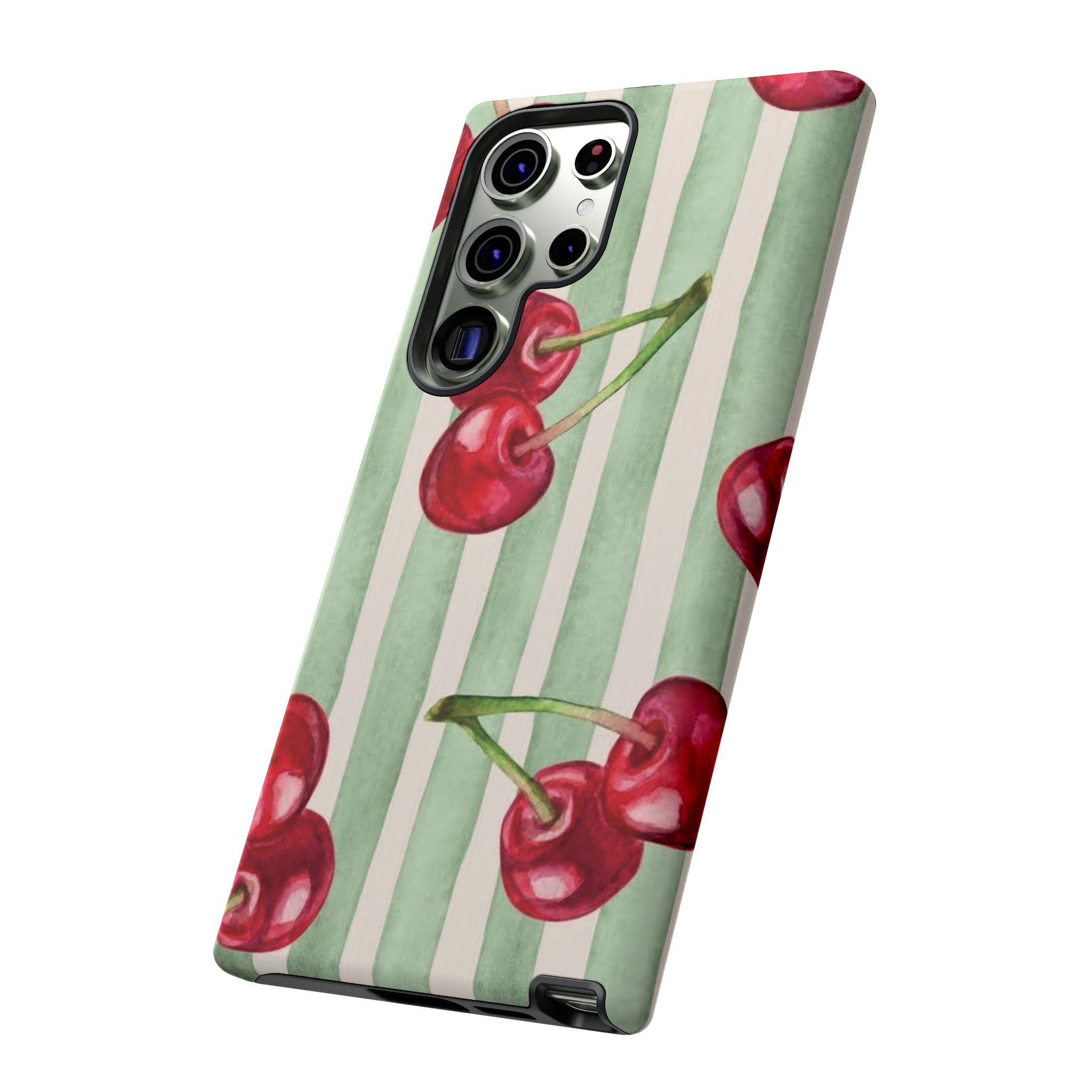 Cherry Stripe Phone Case – Retro Watercolor Cherries on Mint Stripes