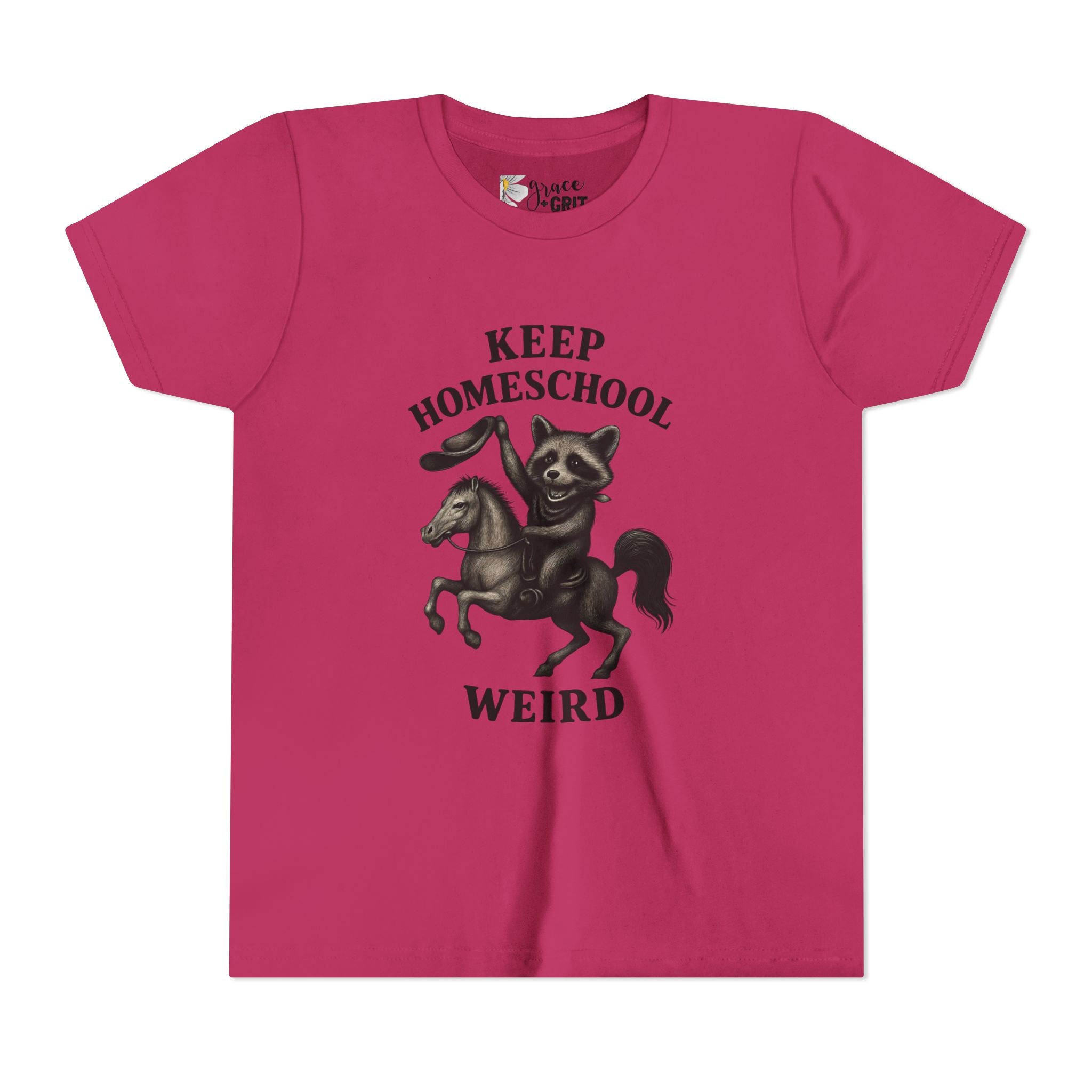 Keep Homeschool Weird Youth Tee | Raccoon Riding Horse Illustration