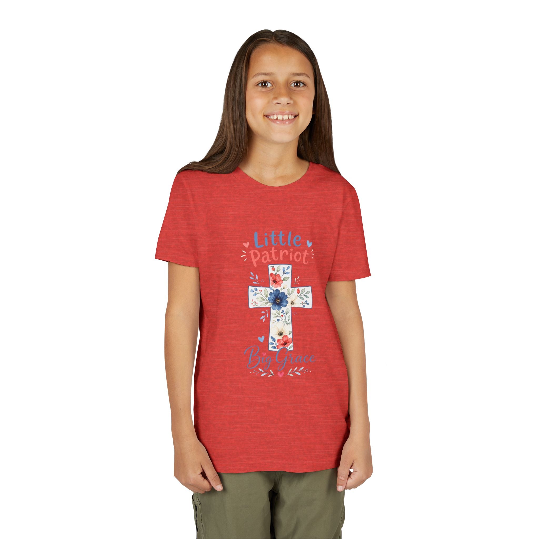 Little Patriot Big Grace Youth Tee — Floral Cross Christian Kids Shirt