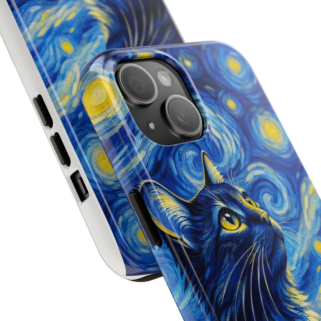 Starry Night Cat Tough Phone Case — Van Gogh Style Galaxy Kitten Protective Cover