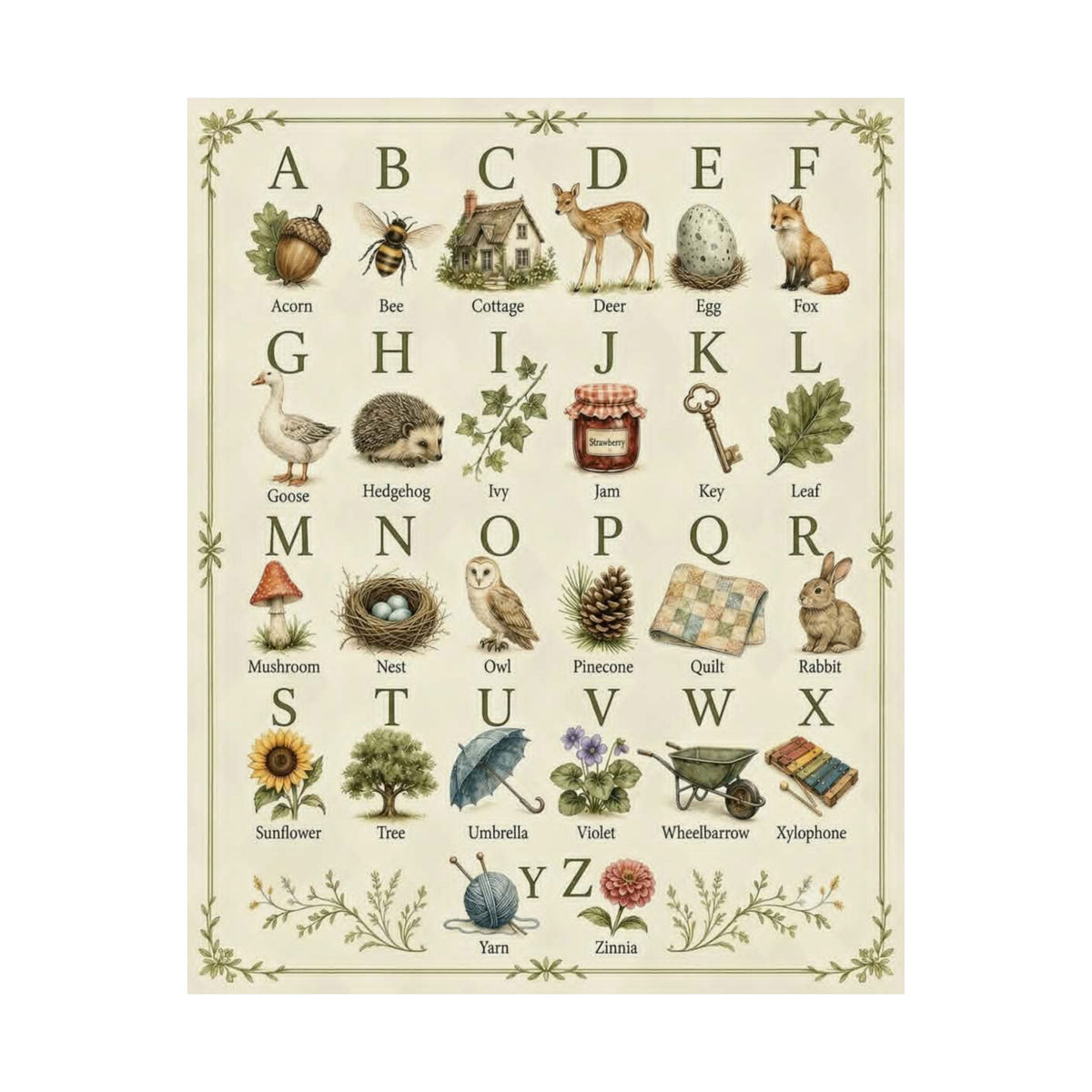 Vintage Alphabet Poster — Botanical & Woodland Animal ABC Matte Print