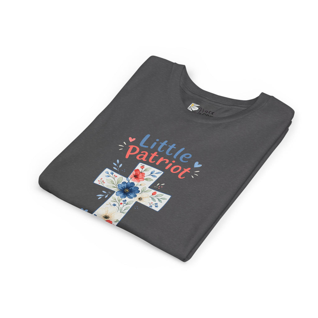 Little Patriot Big Grace Youth Tee — Floral Cross Christian Kids Shirt