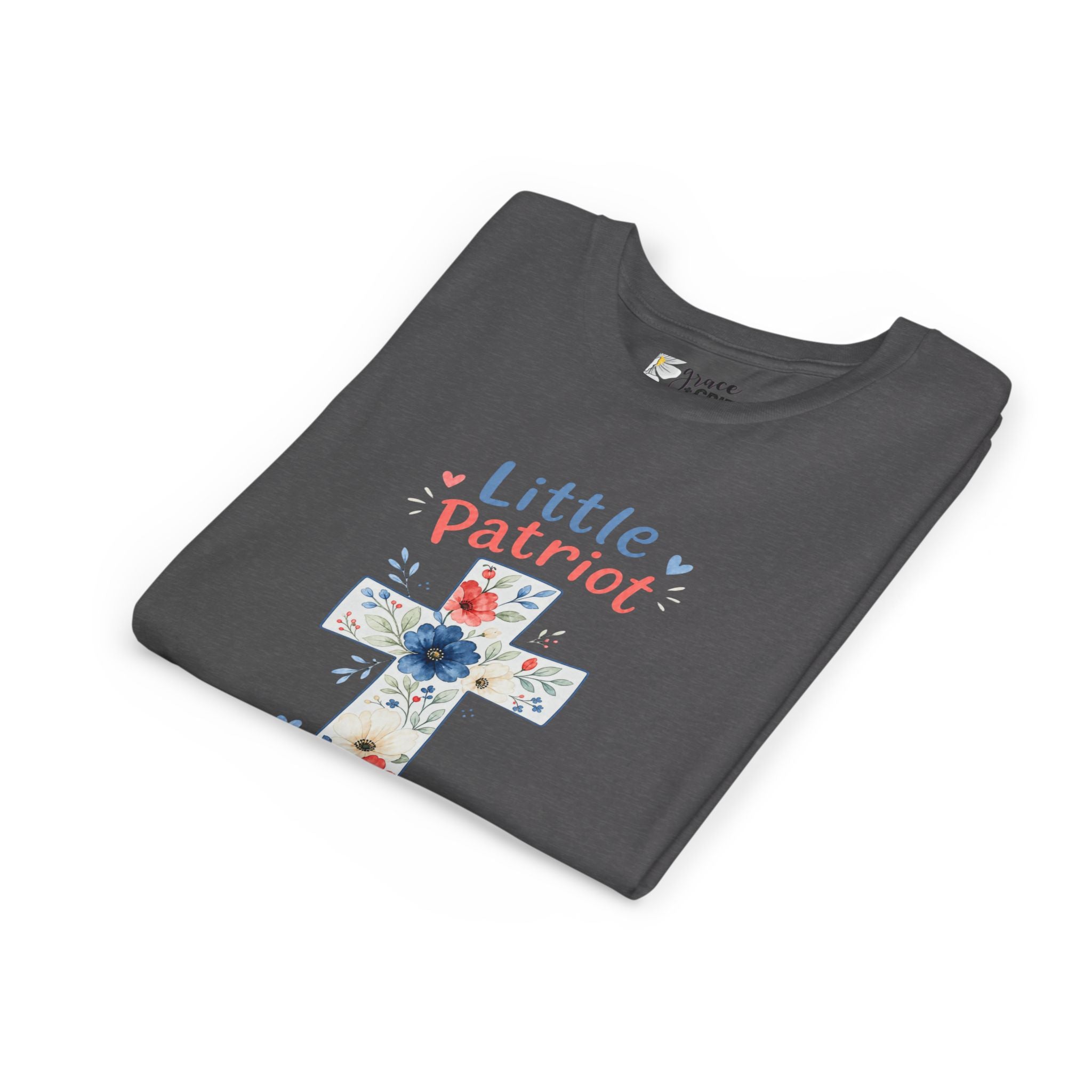 Little Patriot Big Grace Youth Tee — Floral Cross Christian Kids Shirt