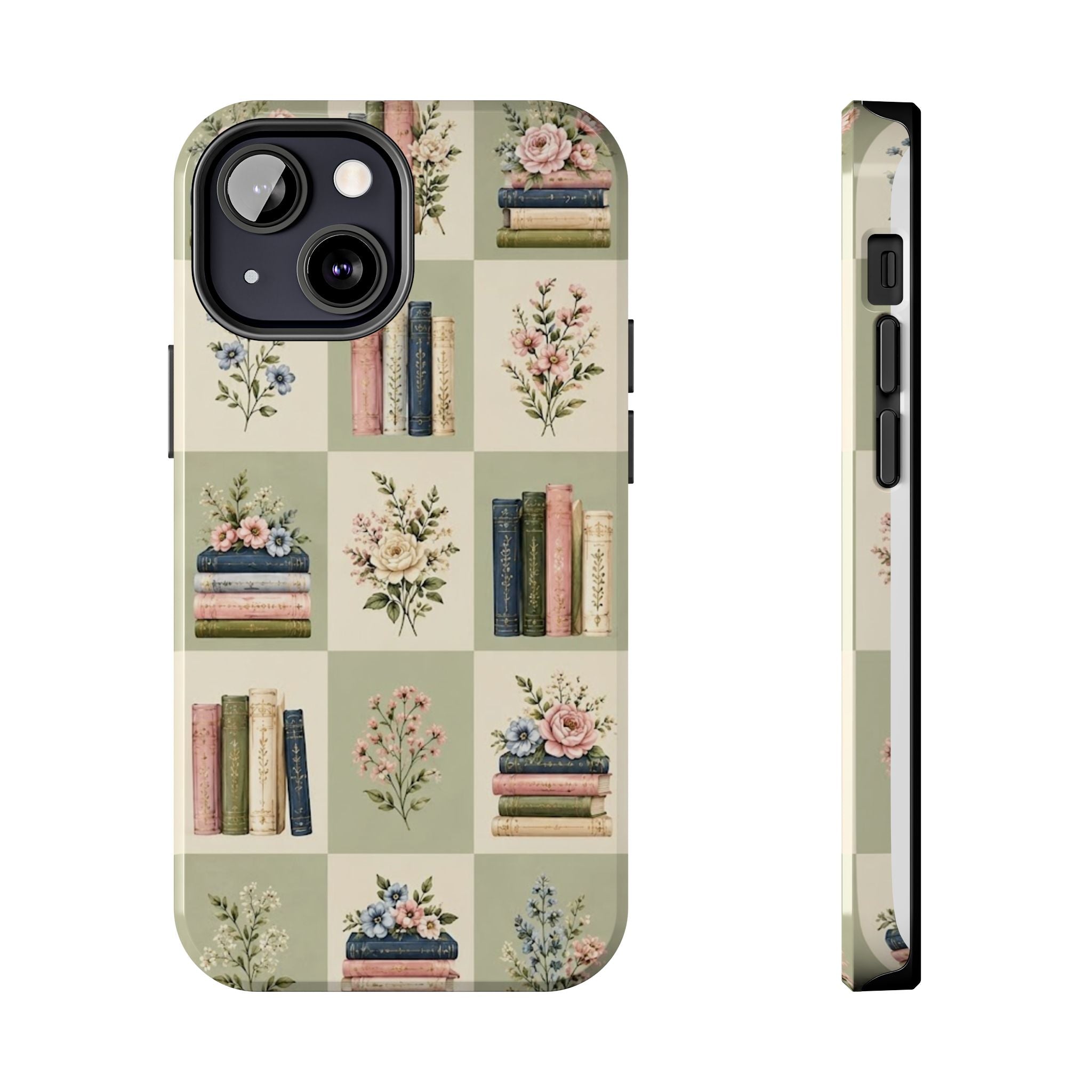 Floral Bookshelf Tough Phone Case — Vintage Floral & Stacked Books Pattern