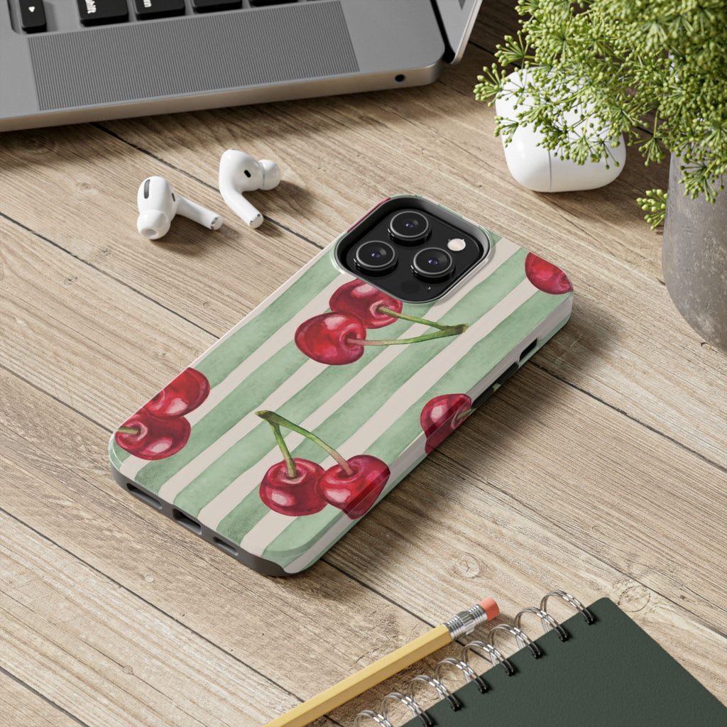 Cherry Stripe Tough Phone Case — Retro Watercolor Cherry Pattern Durable Phone Case