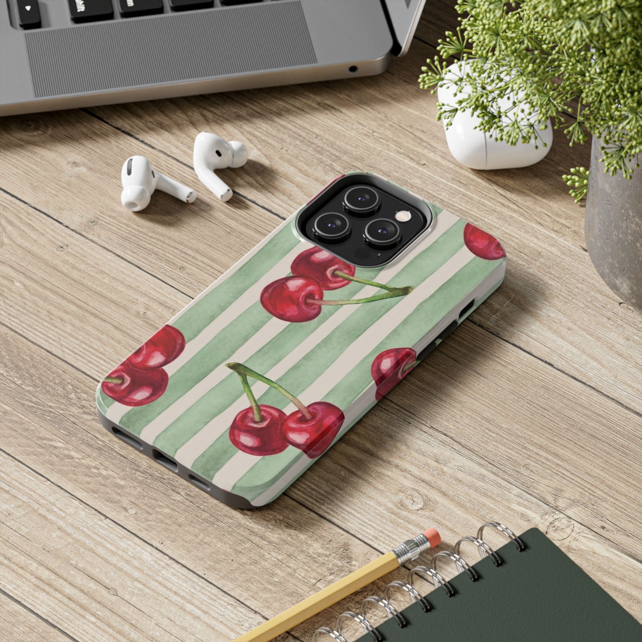 Cherry Stripe Tough Phone Case — Retro Watercolor Cherry Pattern Durable Phone Case