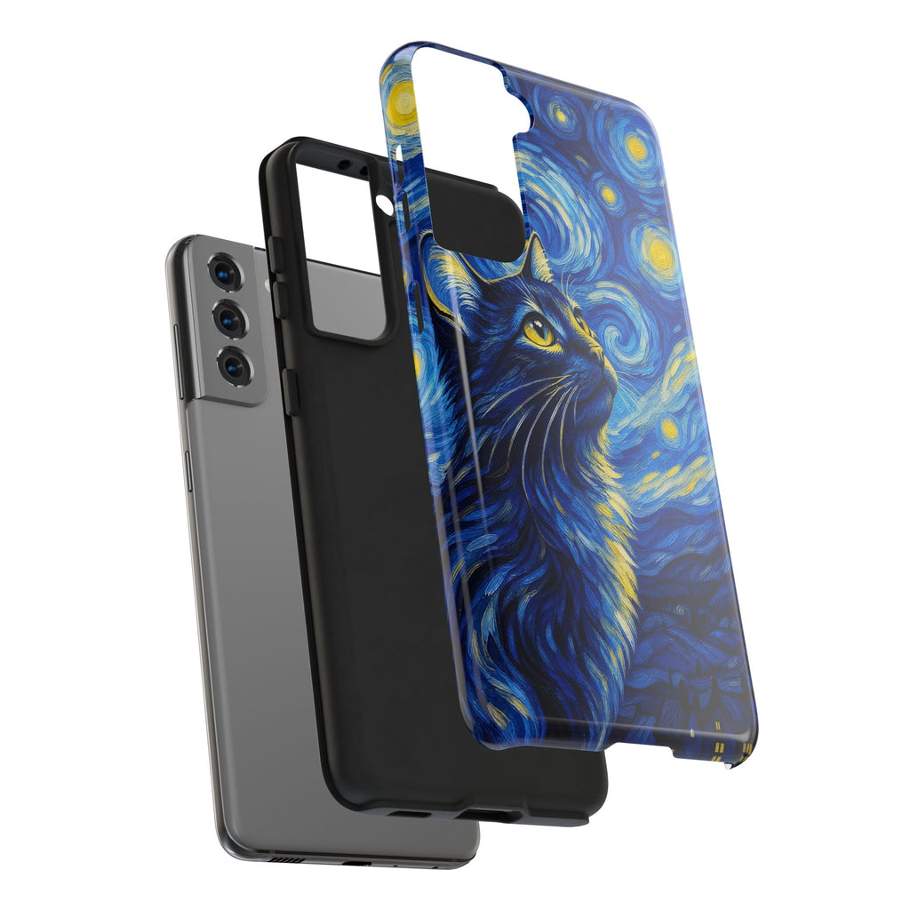 Starry Night Cat Tough Phone Case — Van Gogh Style Galaxy Kitten Protective Cover