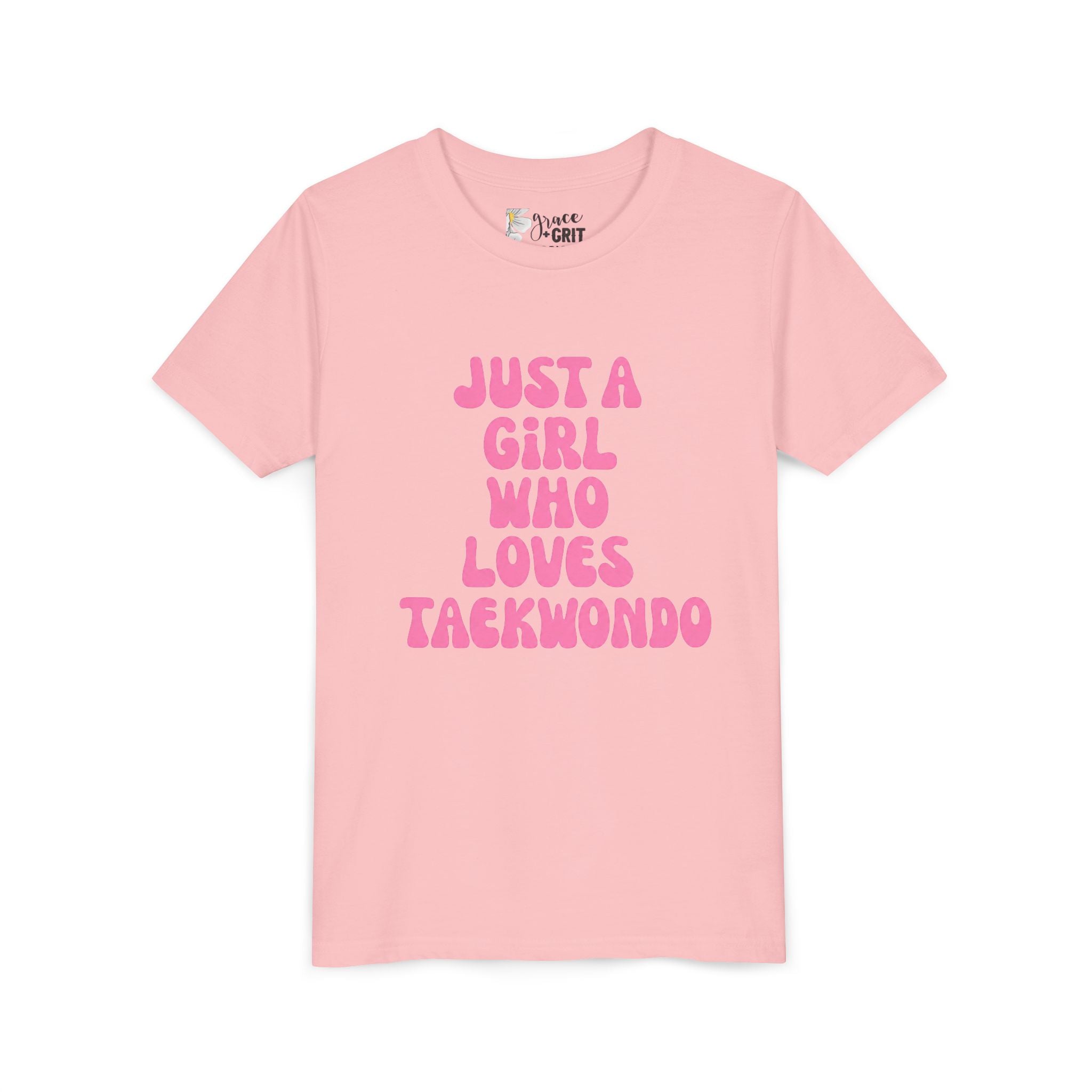 Just a Girl Who Loves Taekwondo Youth Tee | Pink Text Martial Arts Shirt