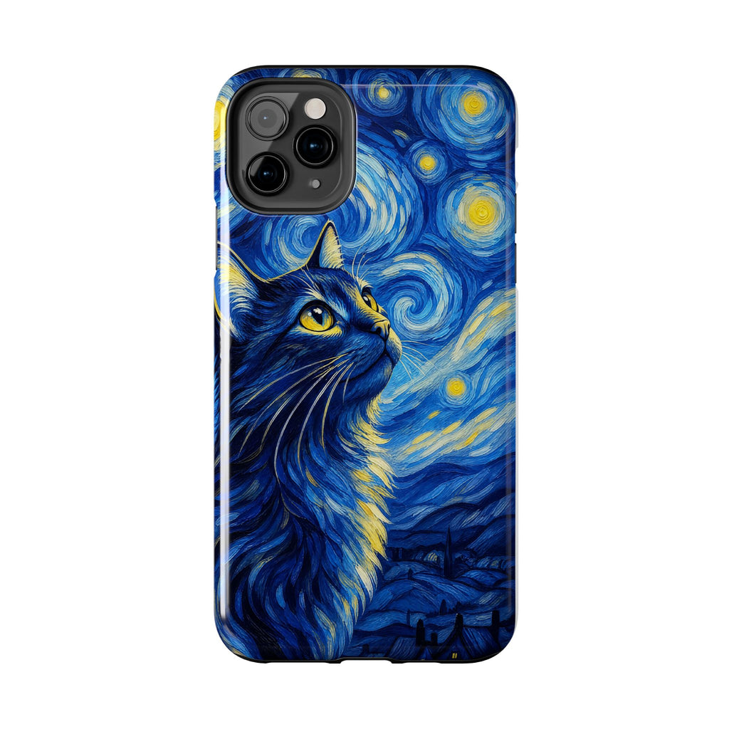 Starry Night Cat Tough Phone Case — Van Gogh Style Galaxy Kitten Protective Cover
