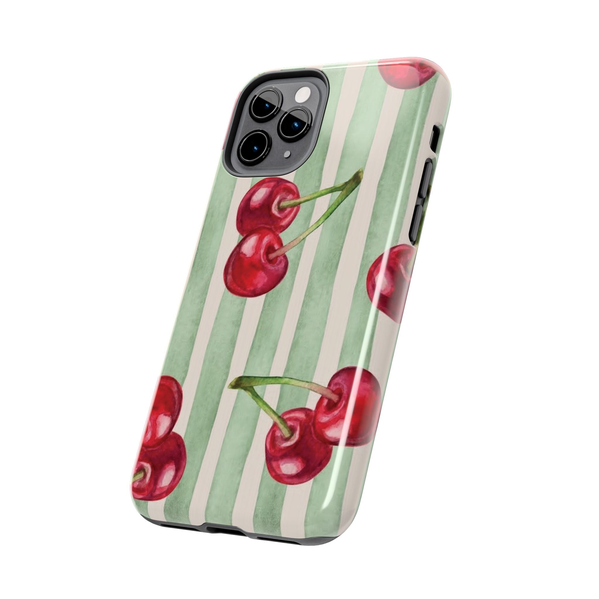 Cherry Stripe Tough Phone Case — Retro Watercolor Cherry Pattern Durable Phone Case