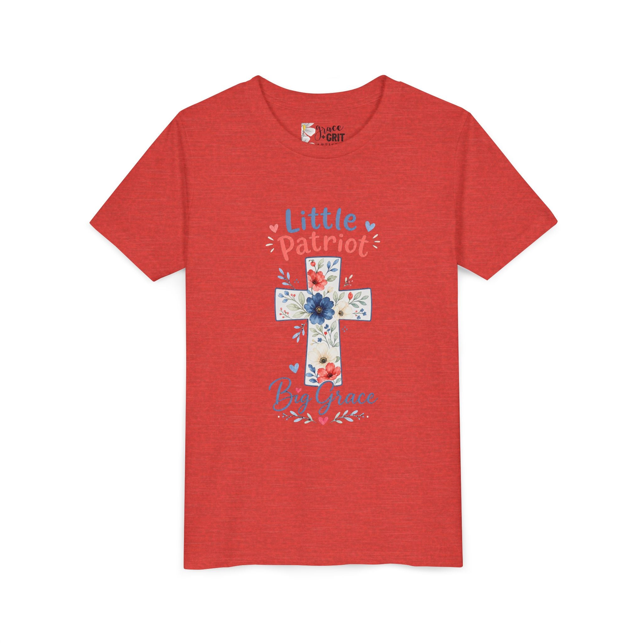 Little Patriot Big Grace Youth Tee — Floral Cross Christian Kids Shirt