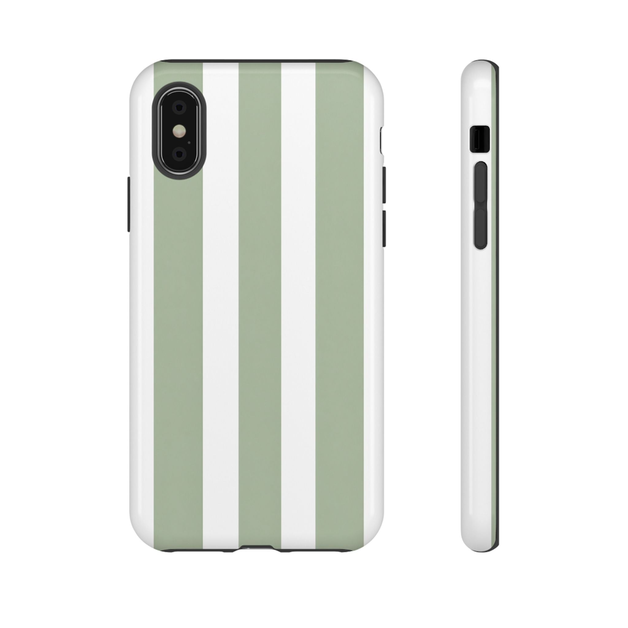 Striped Sage Tough Phone Case — Durable Green & White Vertical Stripe Phone Cover
