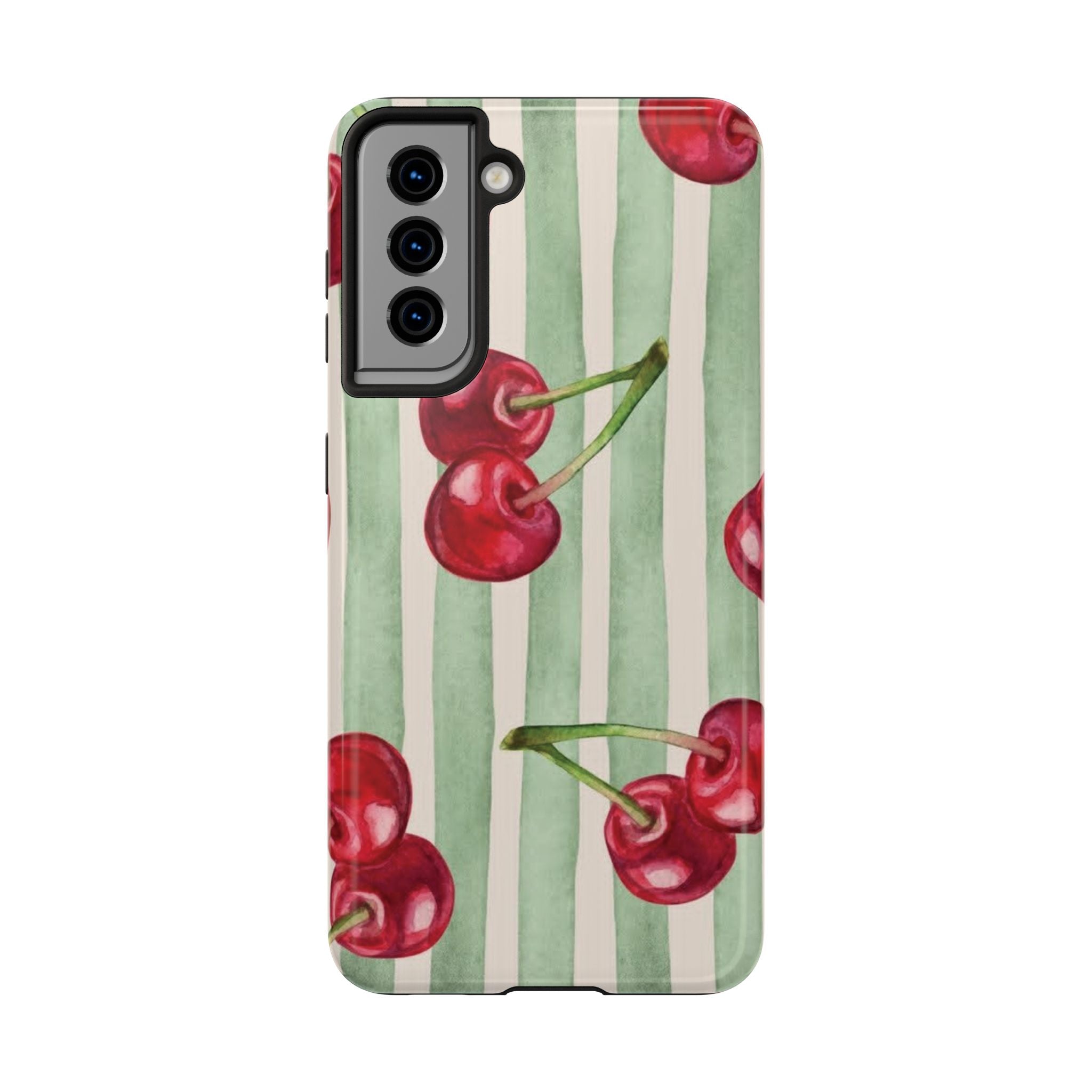 Cherry Stripe Tough Phone Case — Retro Watercolor Cherry Pattern Durable Phone Case