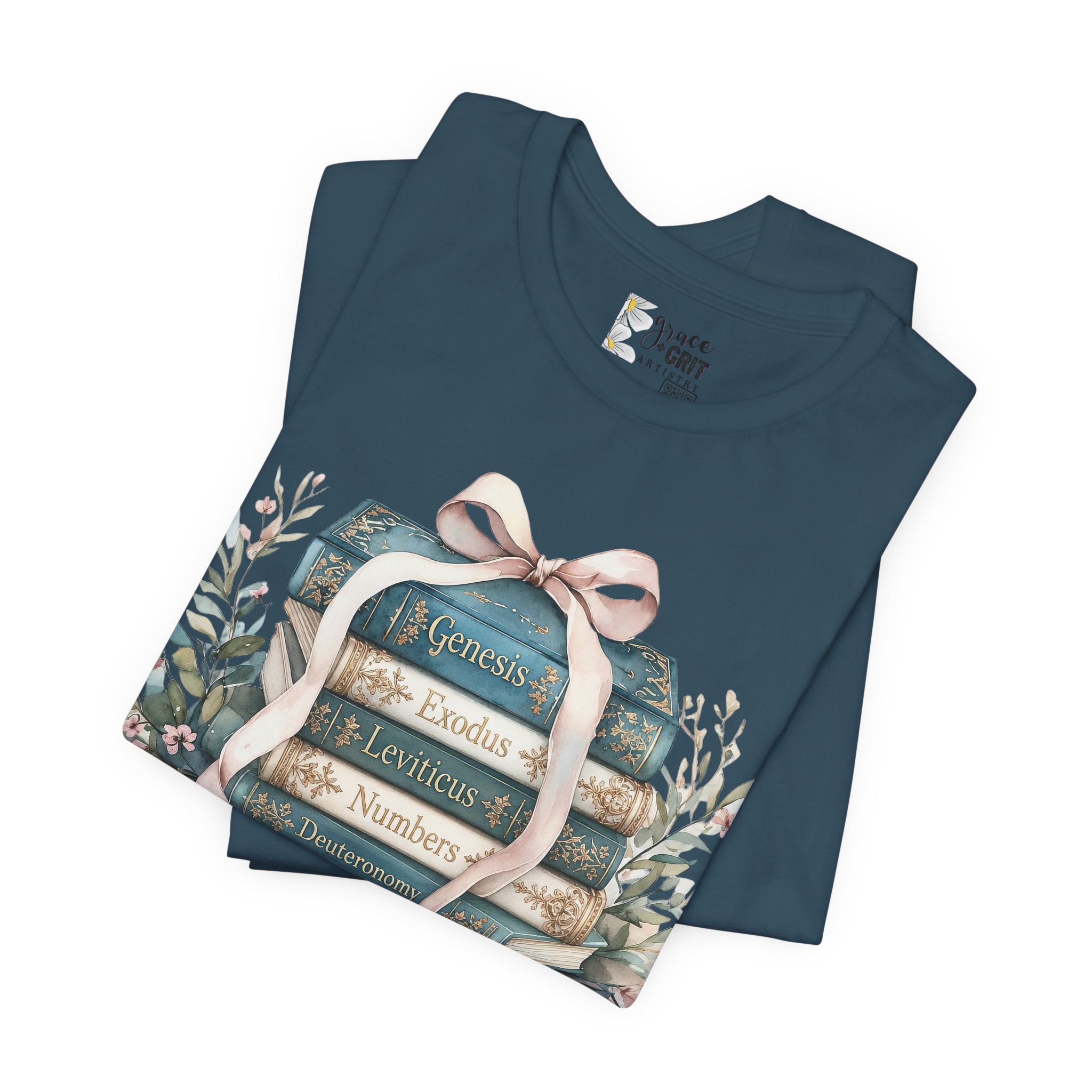 Biblical Books Stack T‑Shirt — Genesis Exodus Leviticus Numbers Design