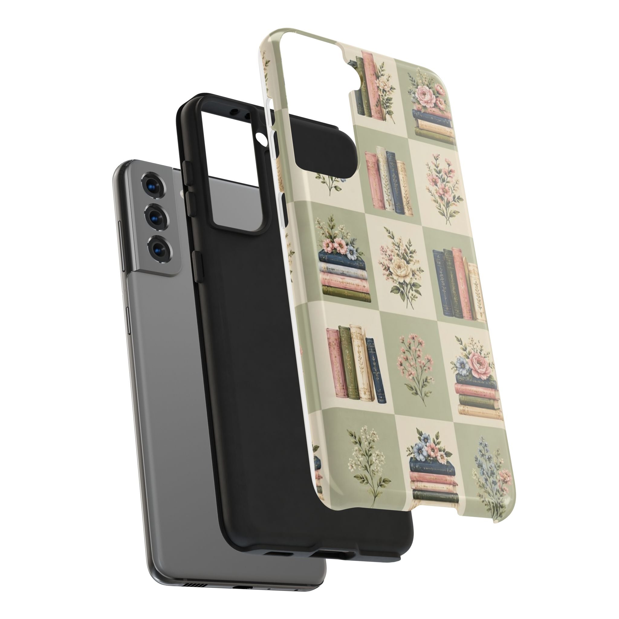 Floral Bookshelf Tough Phone Case — Vintage Floral & Stacked Books Pattern