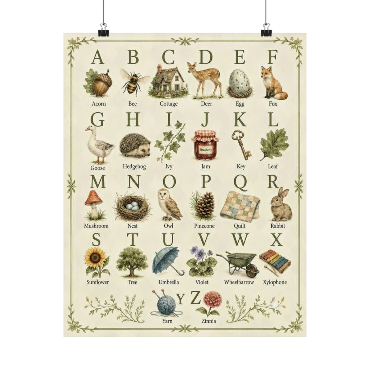 Vintage Alphabet Poster — Botanical & Woodland Animal ABC Matte Print