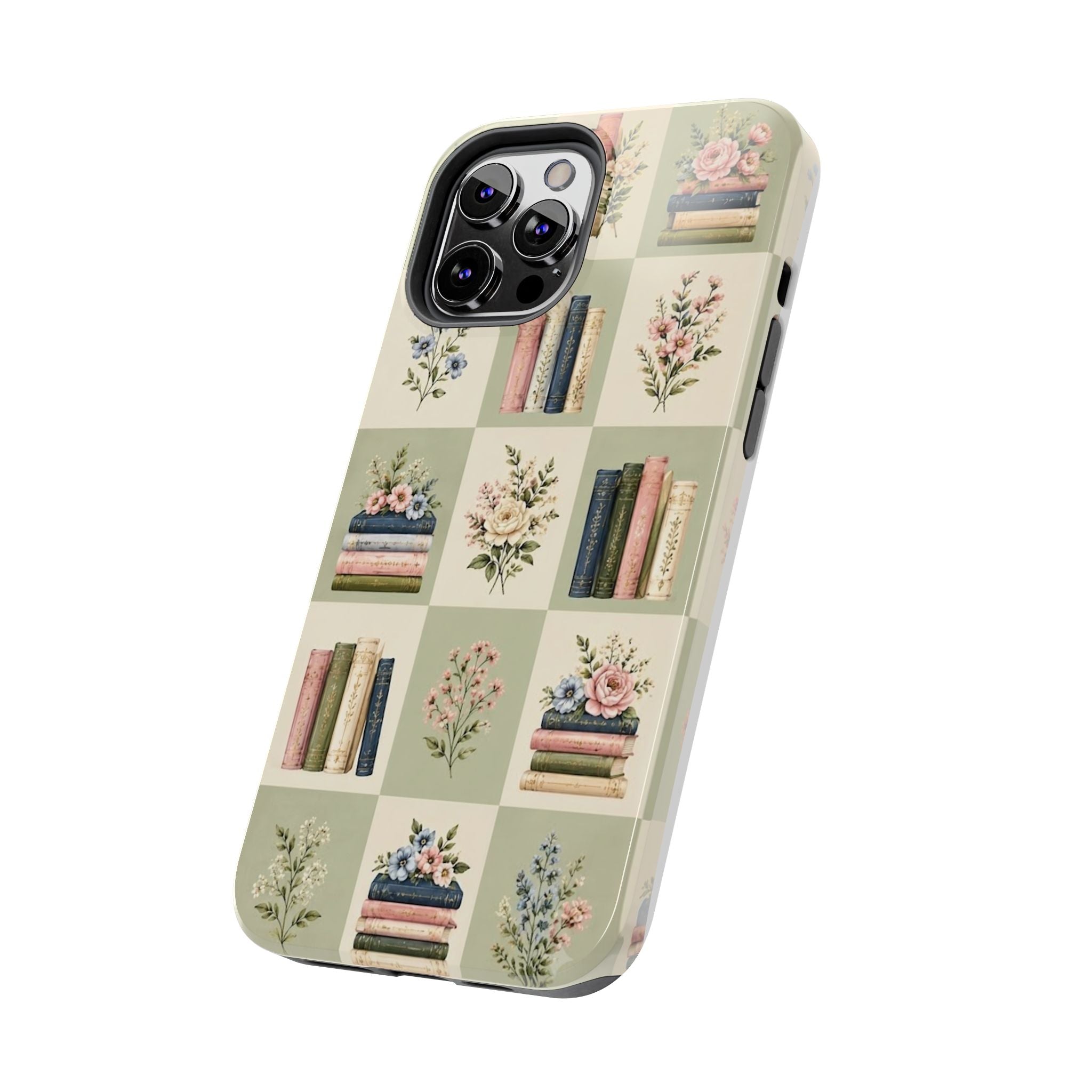 Floral Bookshelf Tough Phone Case — Vintage Floral & Stacked Books Pattern