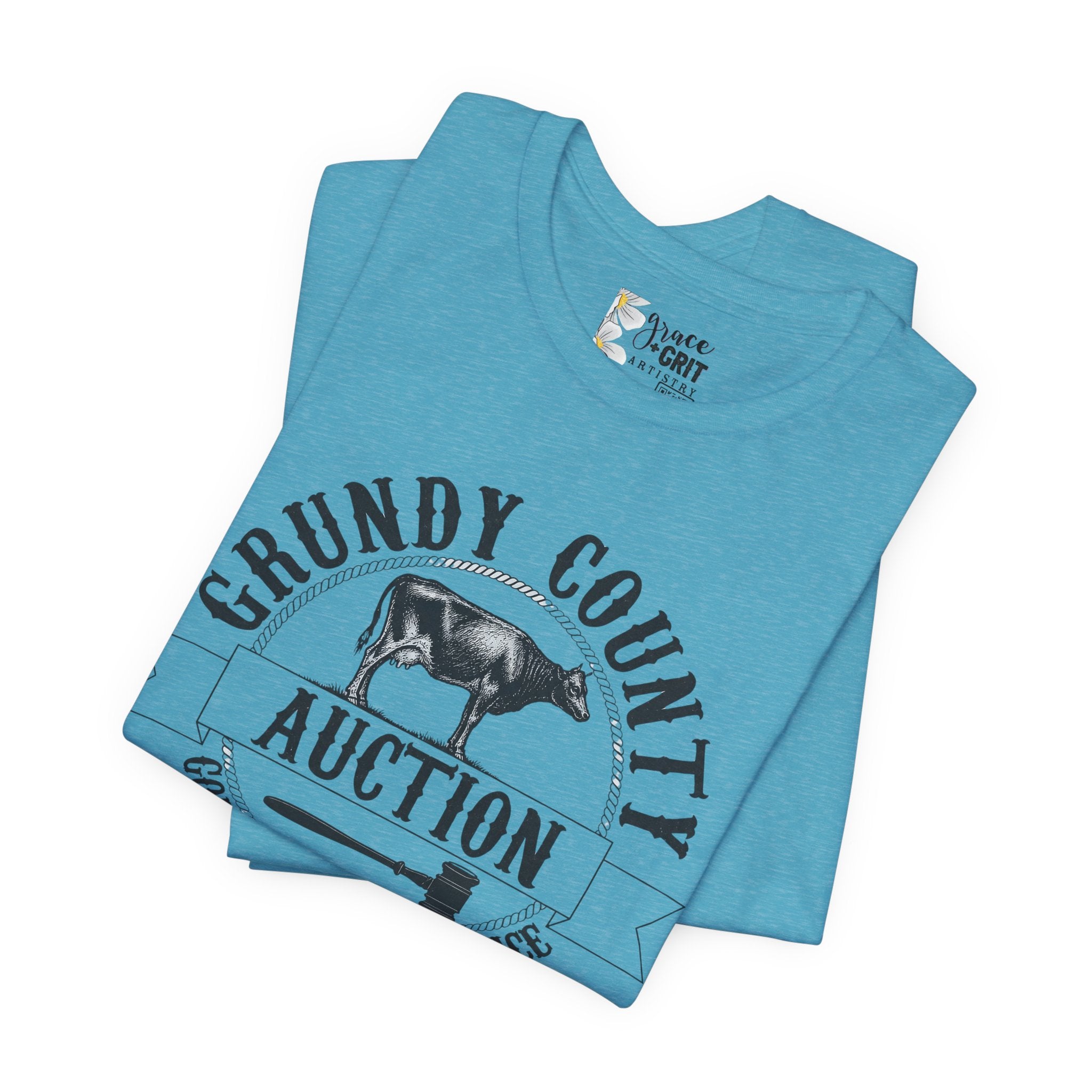 Grundy County Auction Tee — 'Going Once, Going Twice' Farm Livestock Graphic T‑Shirt