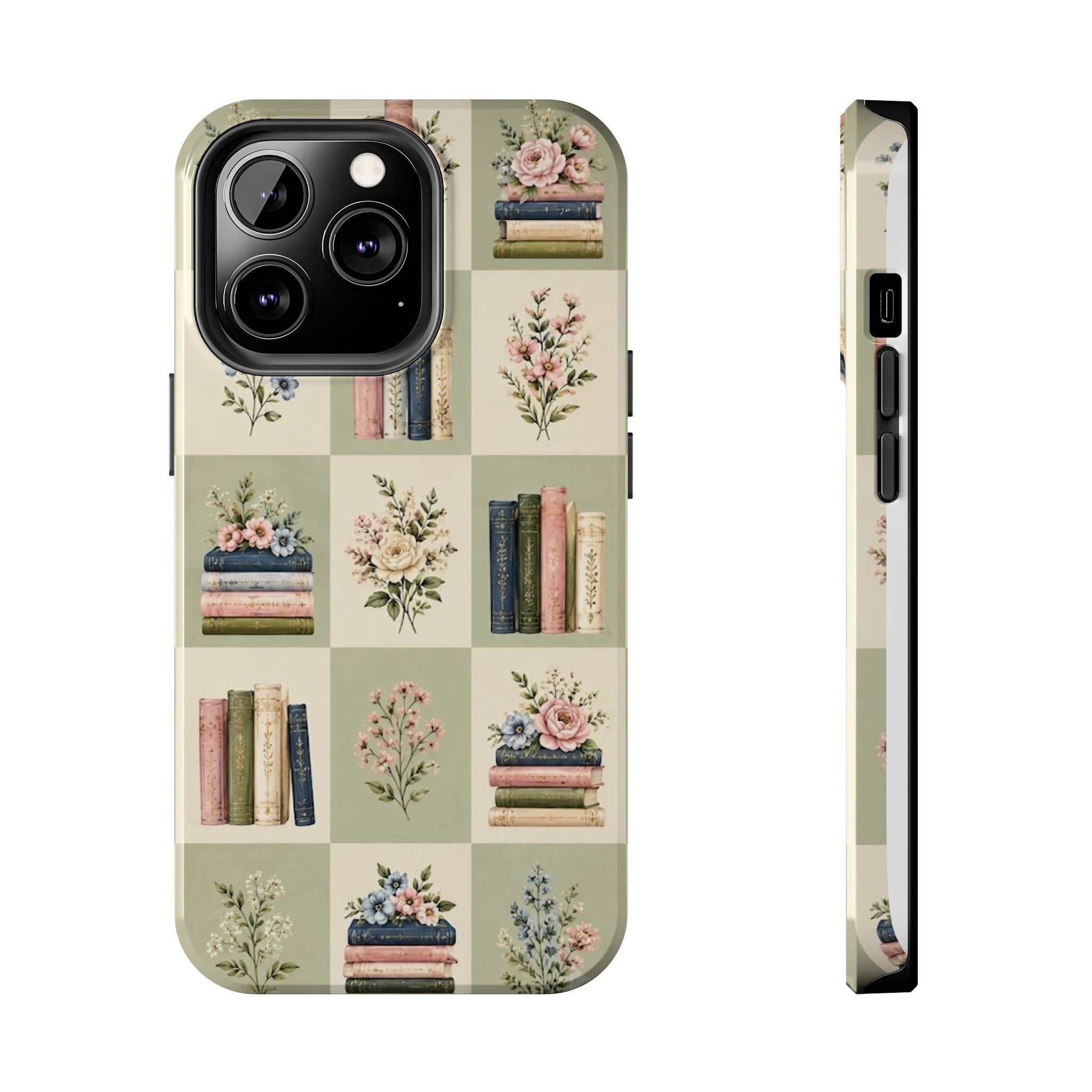 Floral Bookshelf Tough Phone Case — Vintage Floral & Stacked Books Pattern