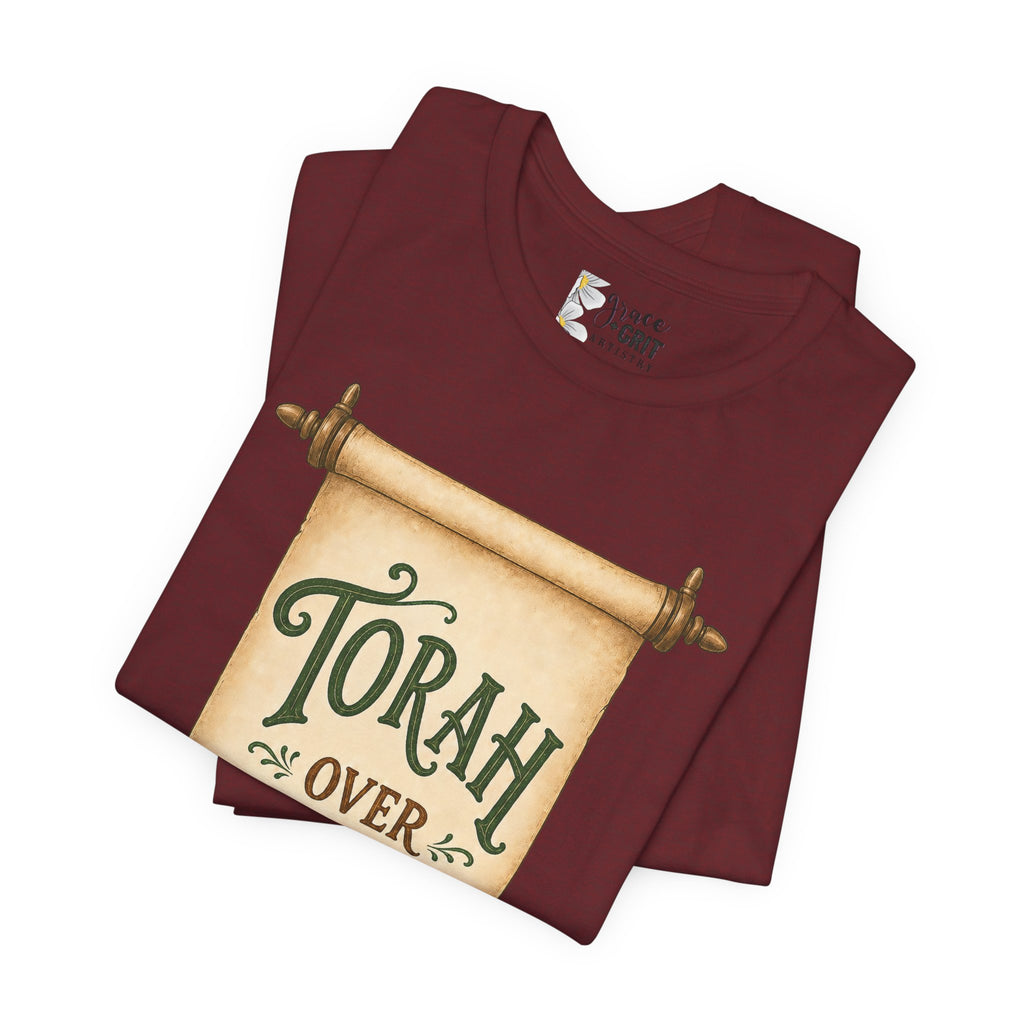 Torah Over Traditions Tee | Scroll Typography Jewish Faith Shirt