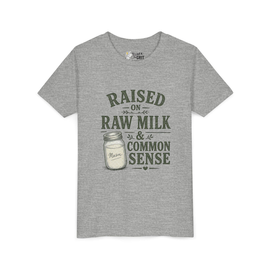 Youth Tee — "Raised on Raw Milk & Common Sense" Vintage Farm Kid Shirt