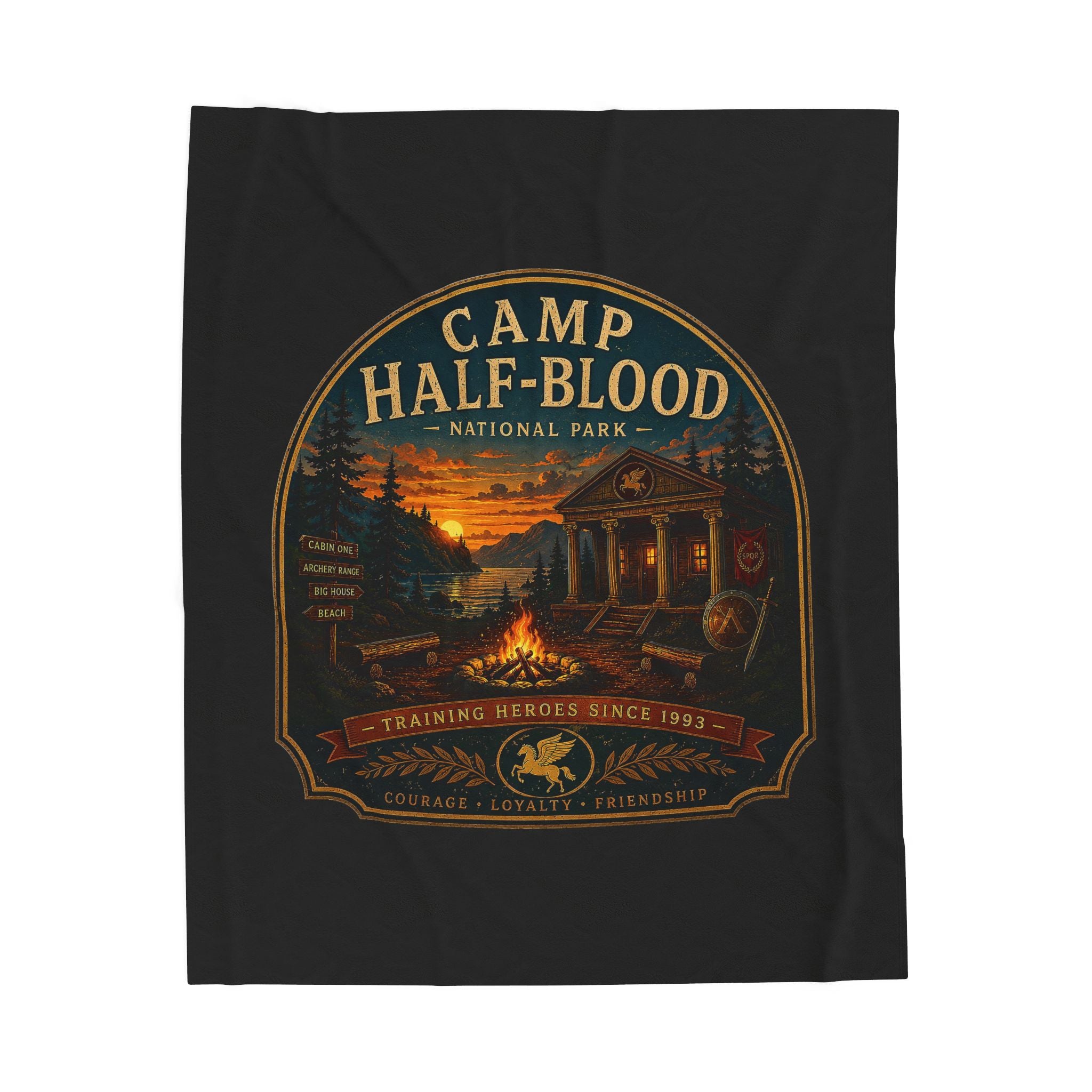 Camp Half-Blood Velveteen Plush Blanket — Campfire Logo Cozy Throw