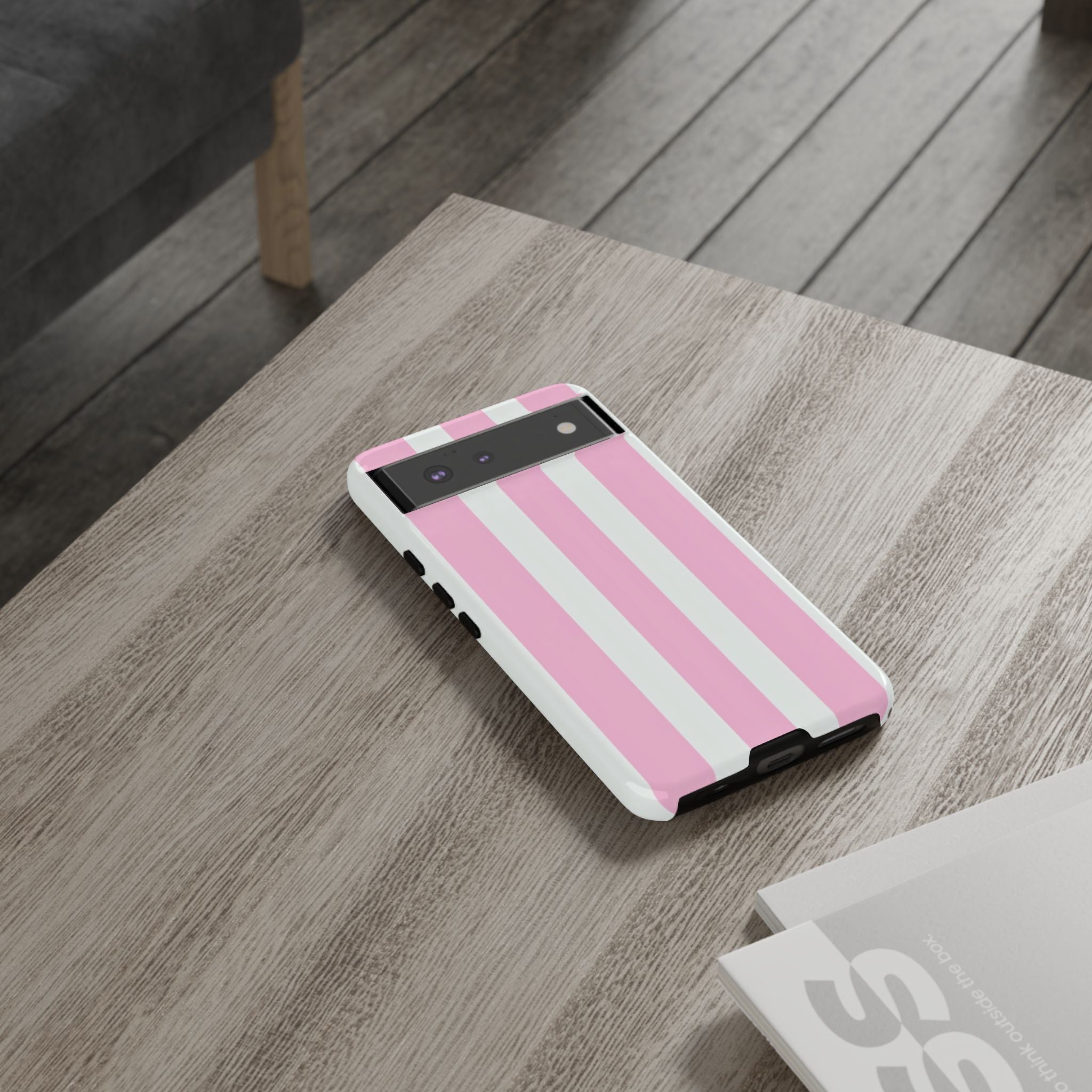 Pink & White Striped Tough Phone Case — Durable Protective Phone Cover