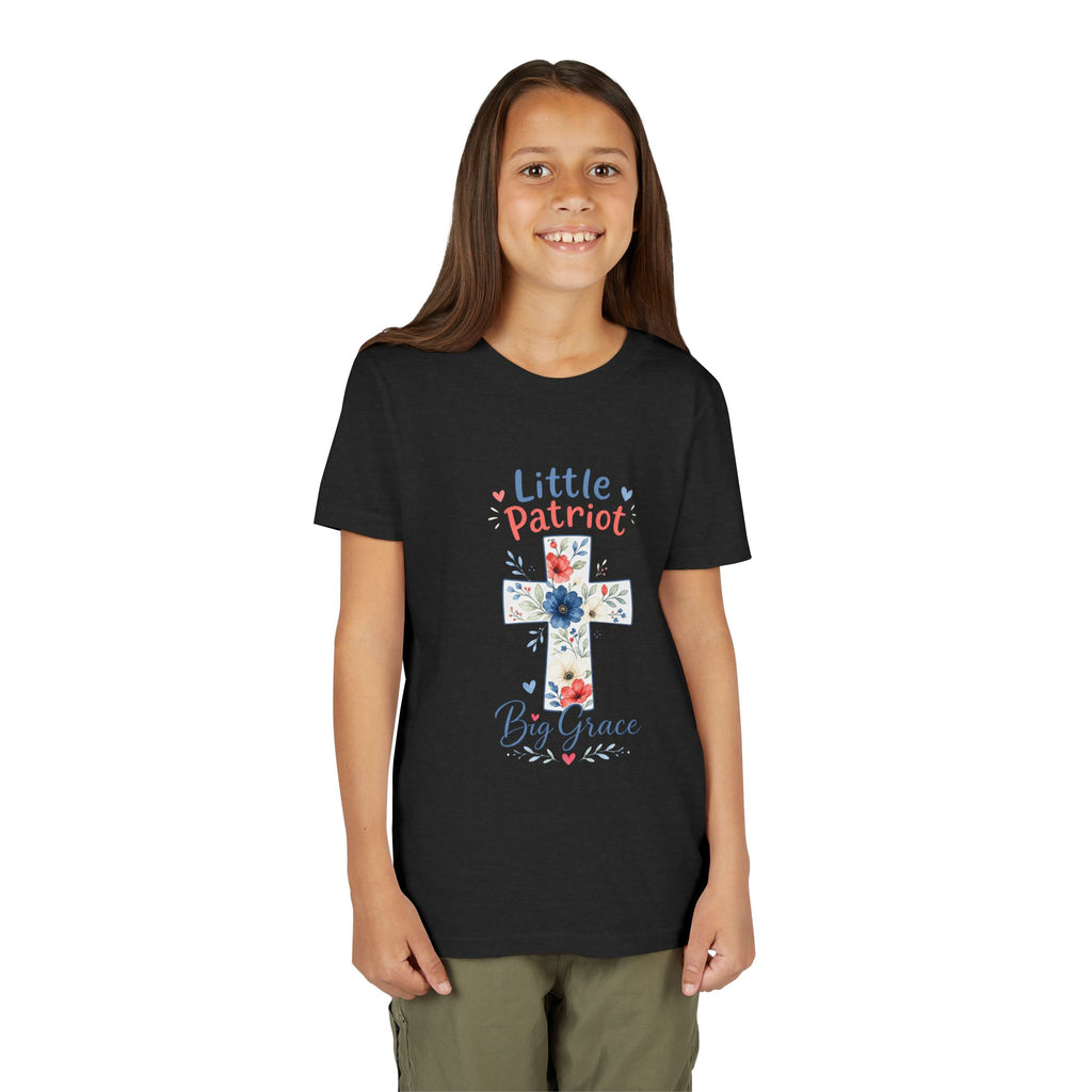 Little Patriot Big Grace Youth Tee — Floral Cross Christian Kids Shirt