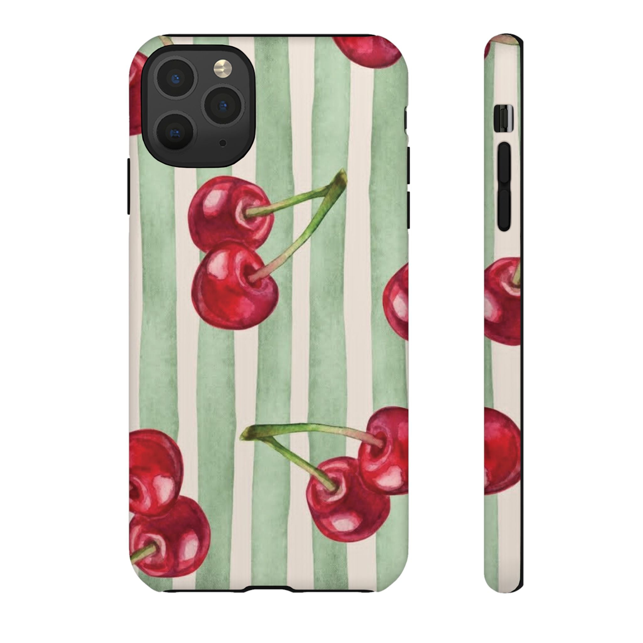 Cherry Stripe Phone Case – Retro Watercolor Cherries on Mint Stripes