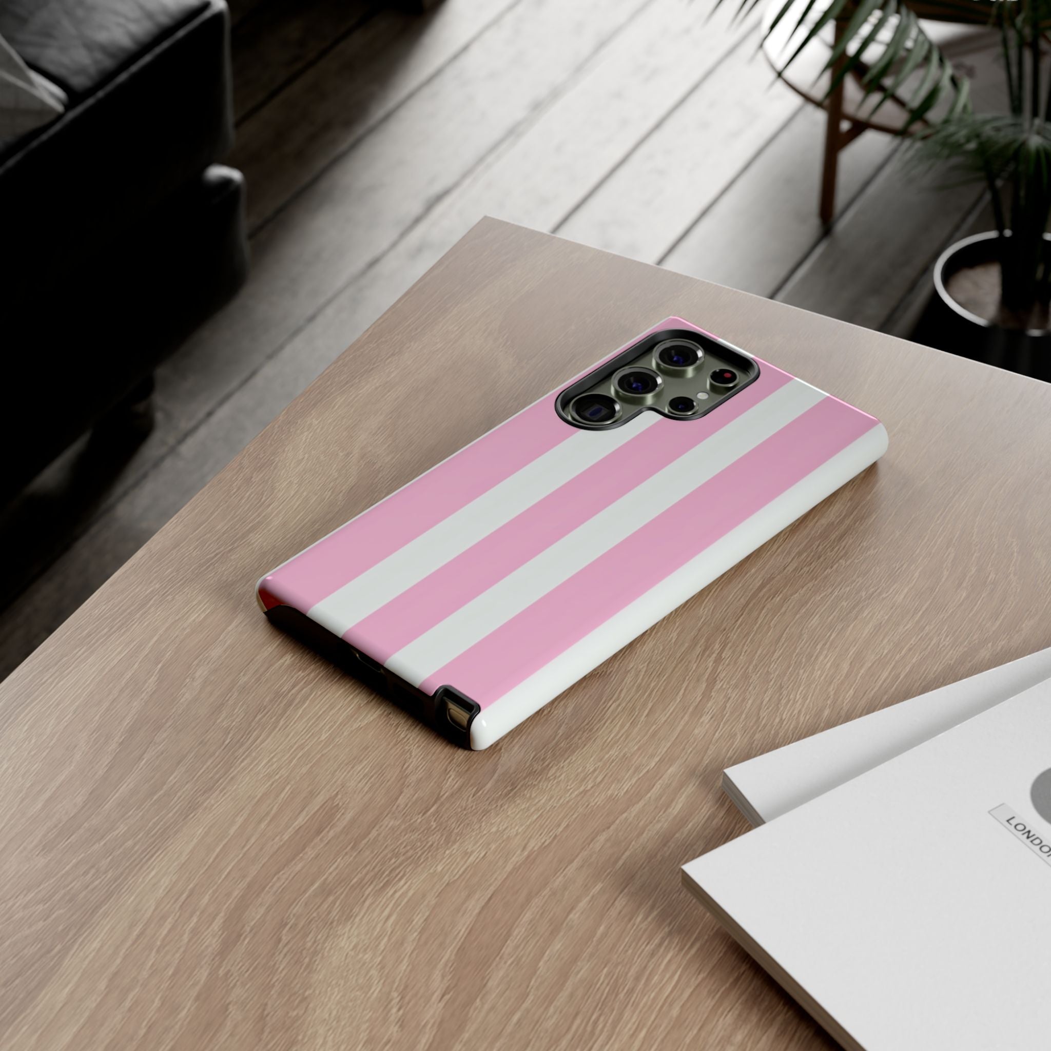 Pink & White Striped Tough Phone Case — Durable Protective Phone Cover