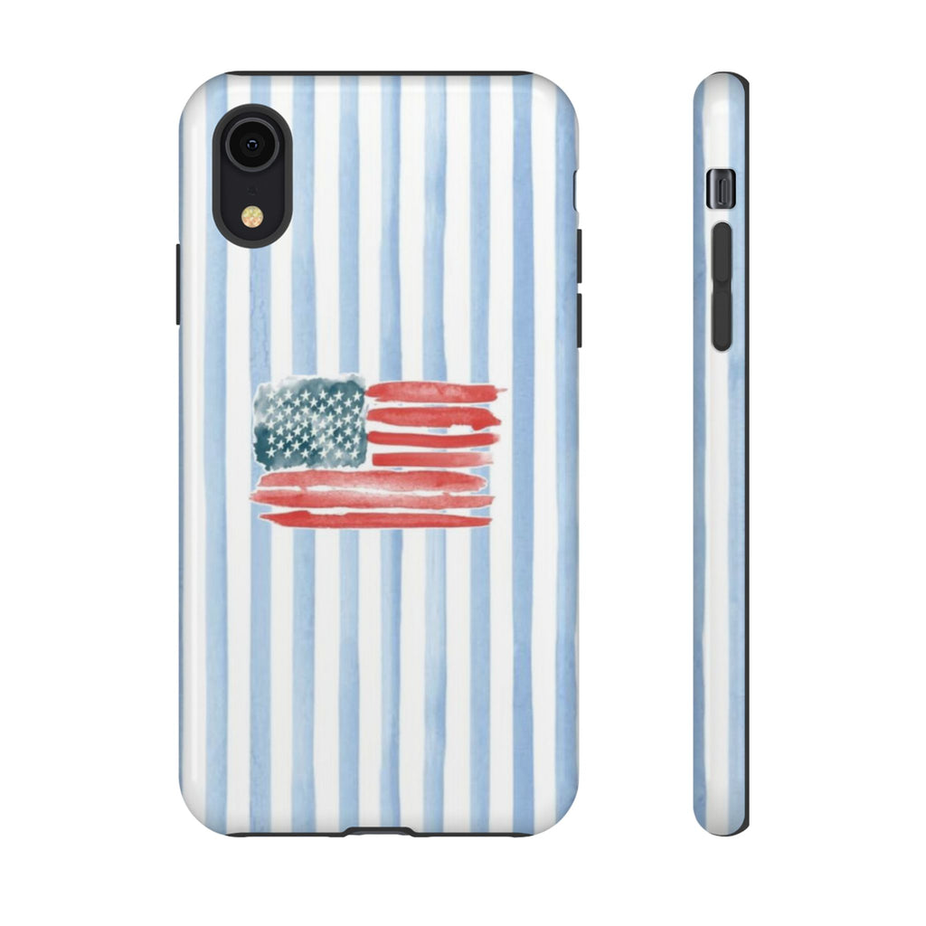 American Flag Watercolor Phone Case - Blue Stripe Tough Case