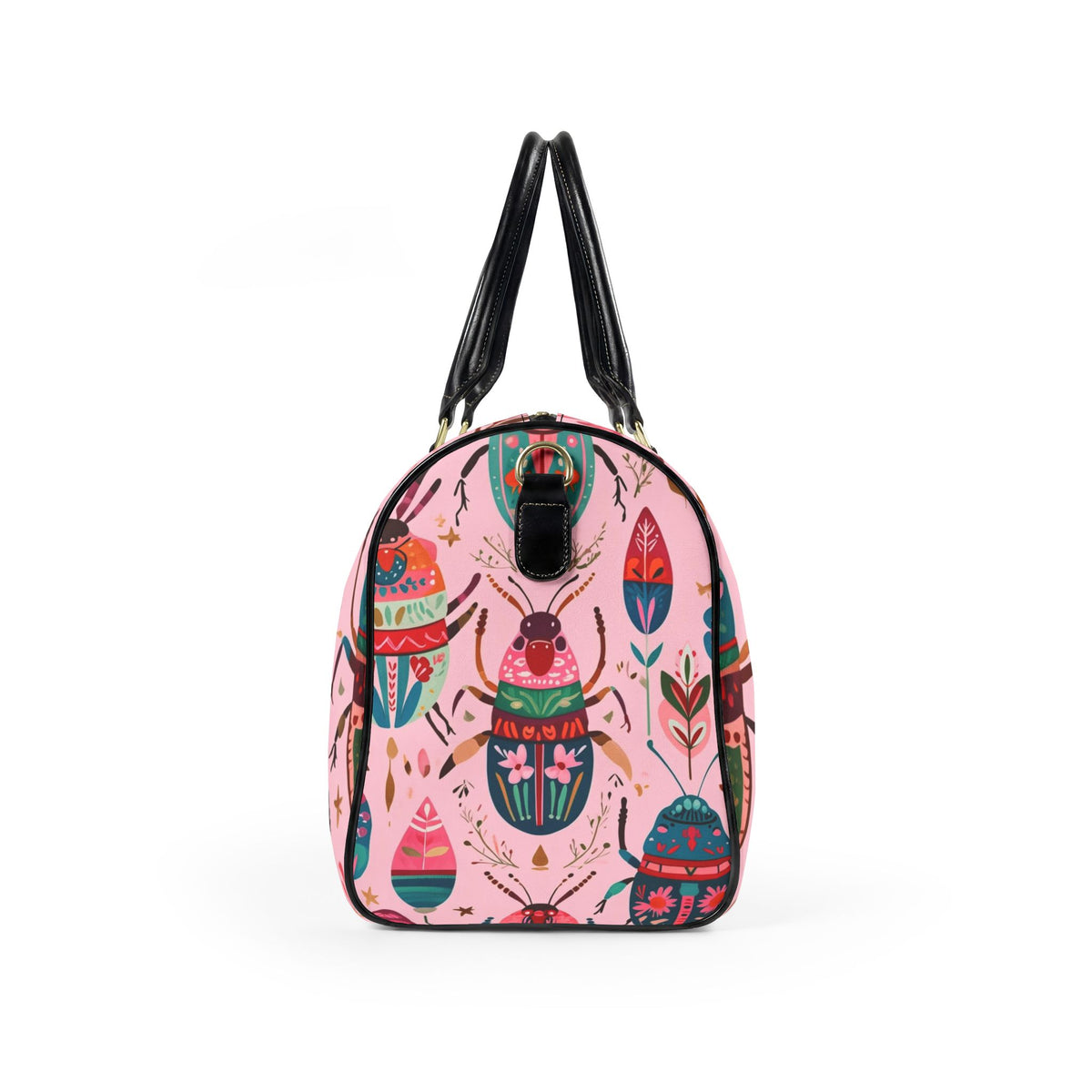 Faux Leather Travel Bag – Colorful Beetle & Botanical Print Weekender