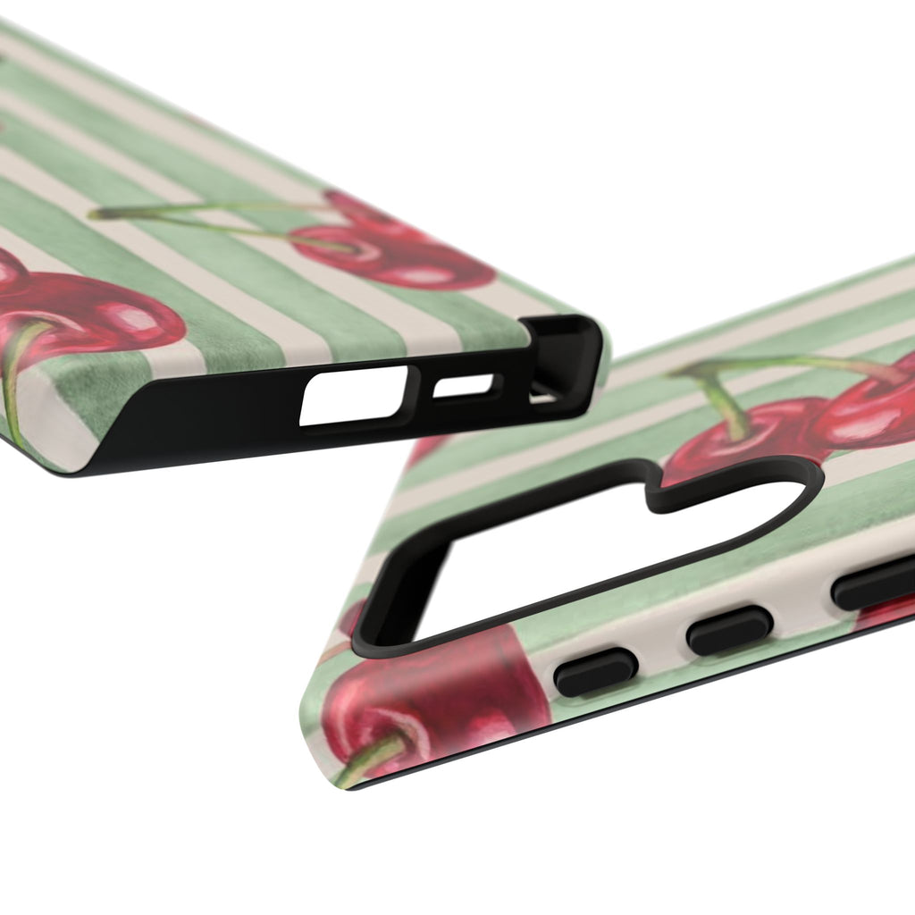 Cherry Stripe Phone Case – Retro Watercolor Cherries on Mint Stripes