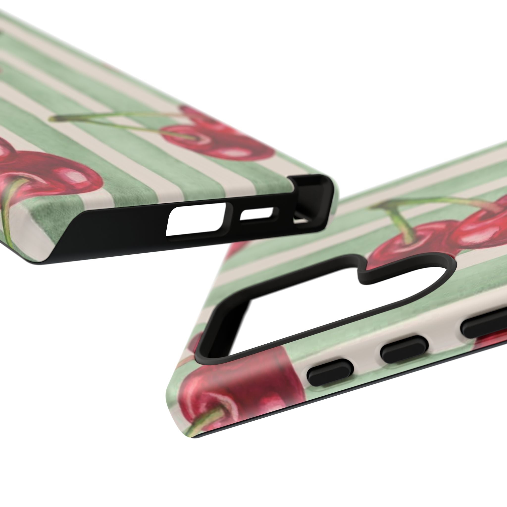 Cherry Stripe Phone Case – Retro Watercolor Cherries on Mint Stripes