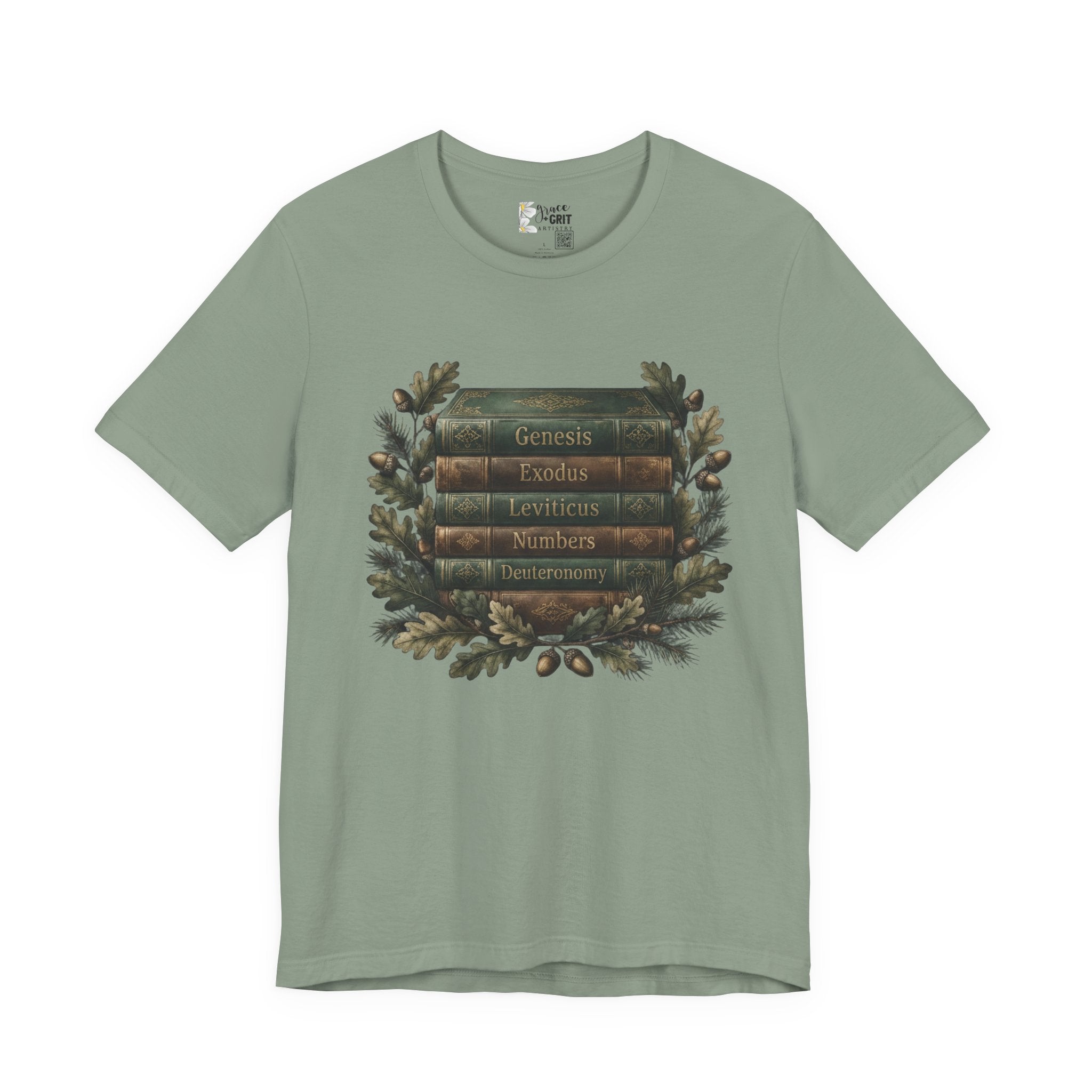 Bible Verse Stack T-Shirt — Genesis Exodus Leviticus Numbers Deuteronomy Floral Graphic
