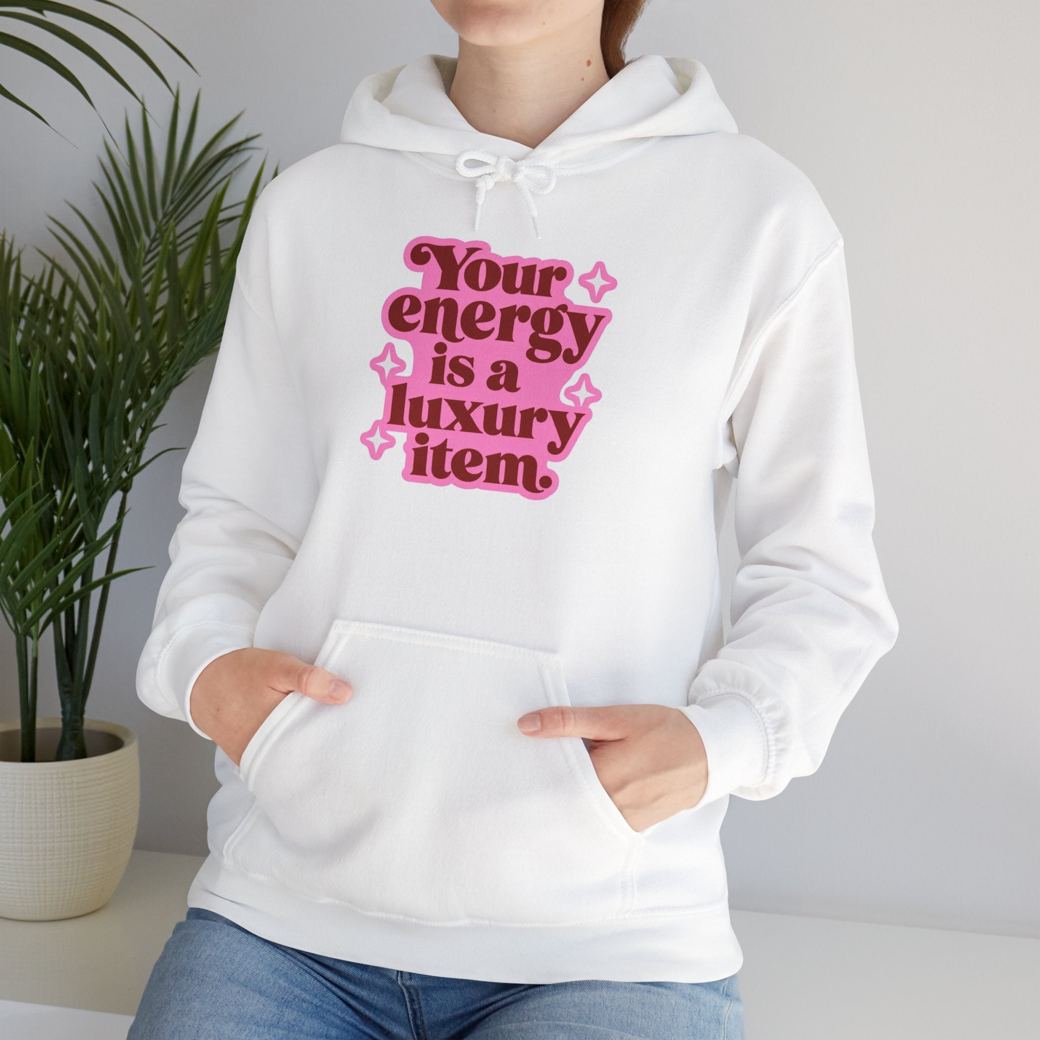 Hoodie — "Your Energy Is a Luxury Item" Pink Retro Graphic